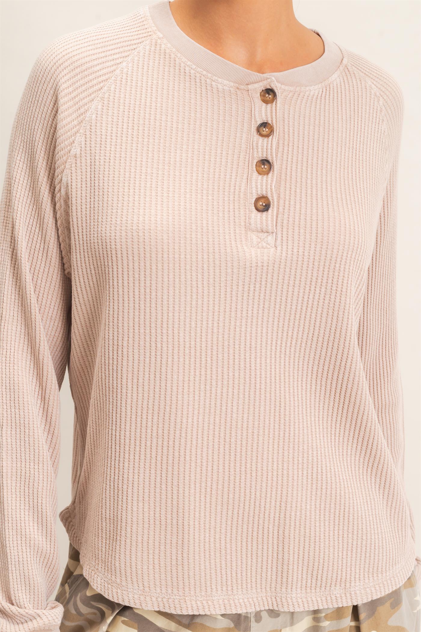 Wholesale Mineral Wash Waffle Knit Henley Top Sweatshirts DZ26E947 DARK TAUPE DOUBLE ZERO
