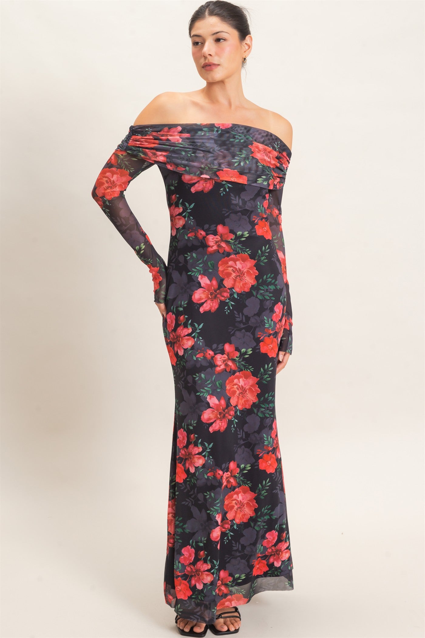 Wholesale Off Shoulder Floral Mesh Dress Dresses HF26E008 BLACK HYFVE
