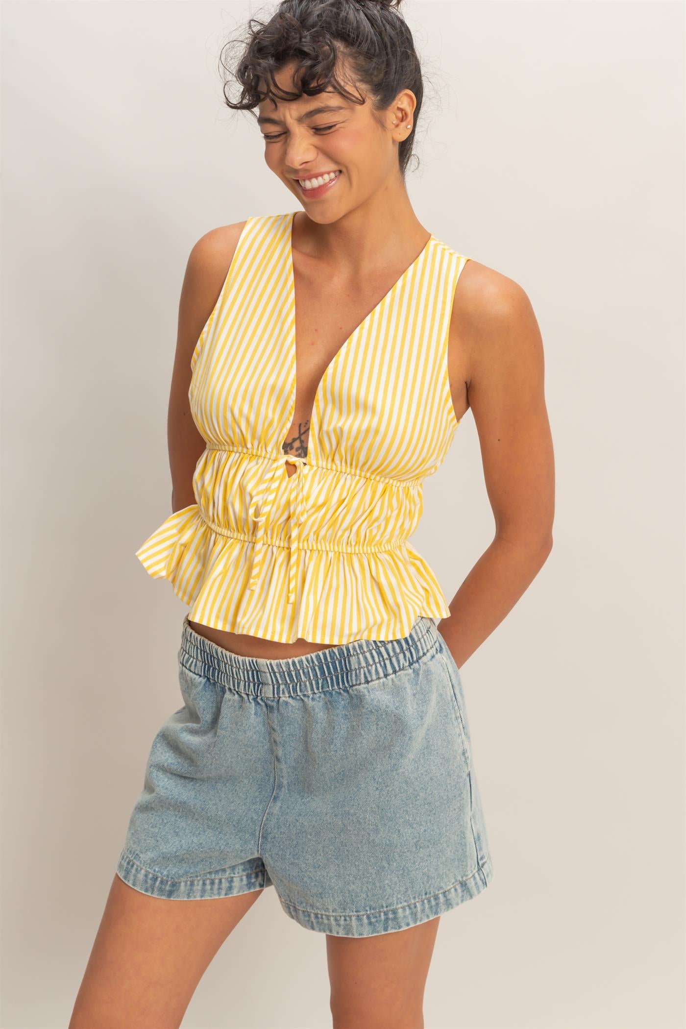 Wholesale Striped Tie Front Peplum Sleeveless Top Clothing Tops DZ26C534 YELLOW DOUBLE ZERO