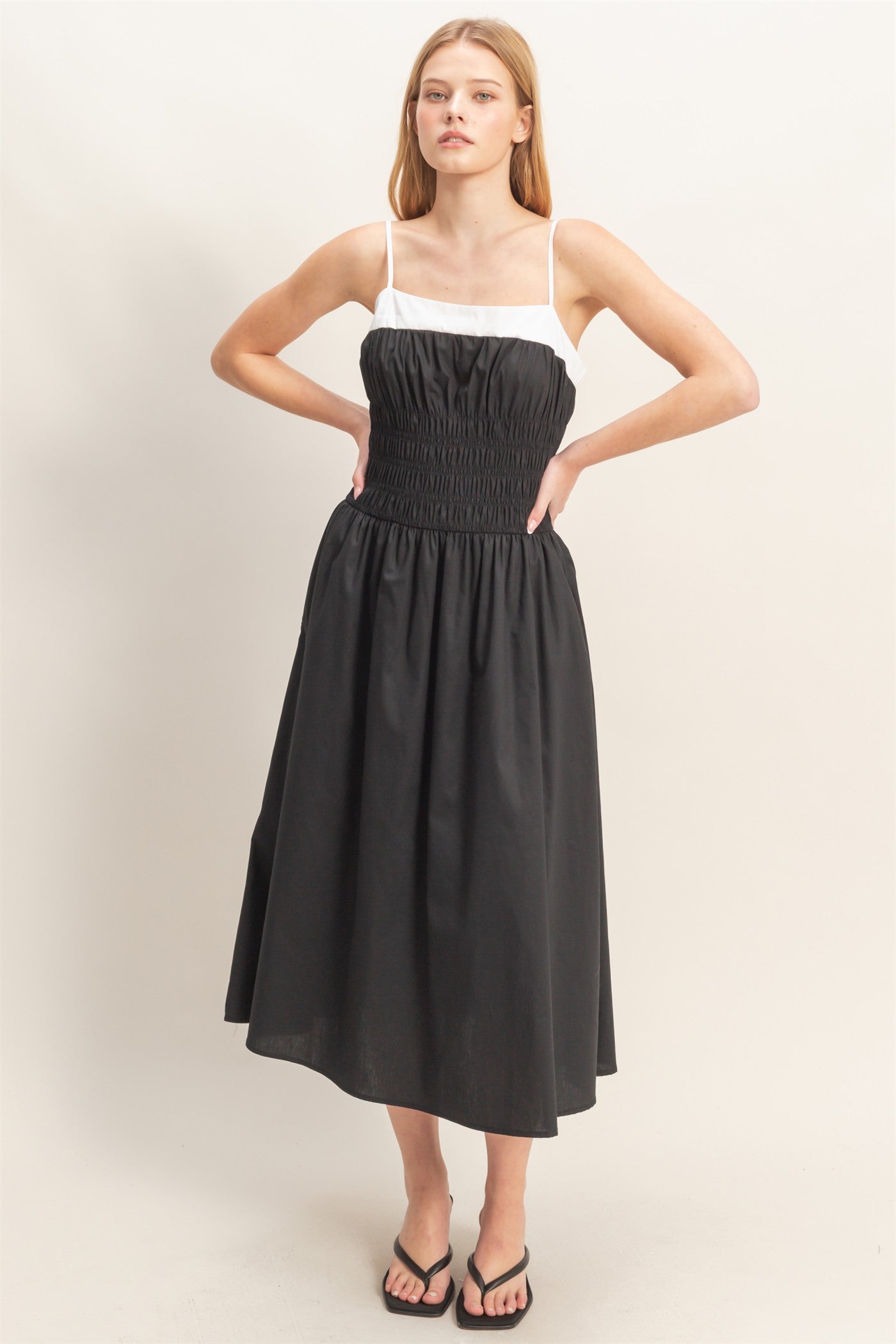 Wholesale Smocked Strapped Midi Dress Dresses HF26A624 BLACK HYFVE