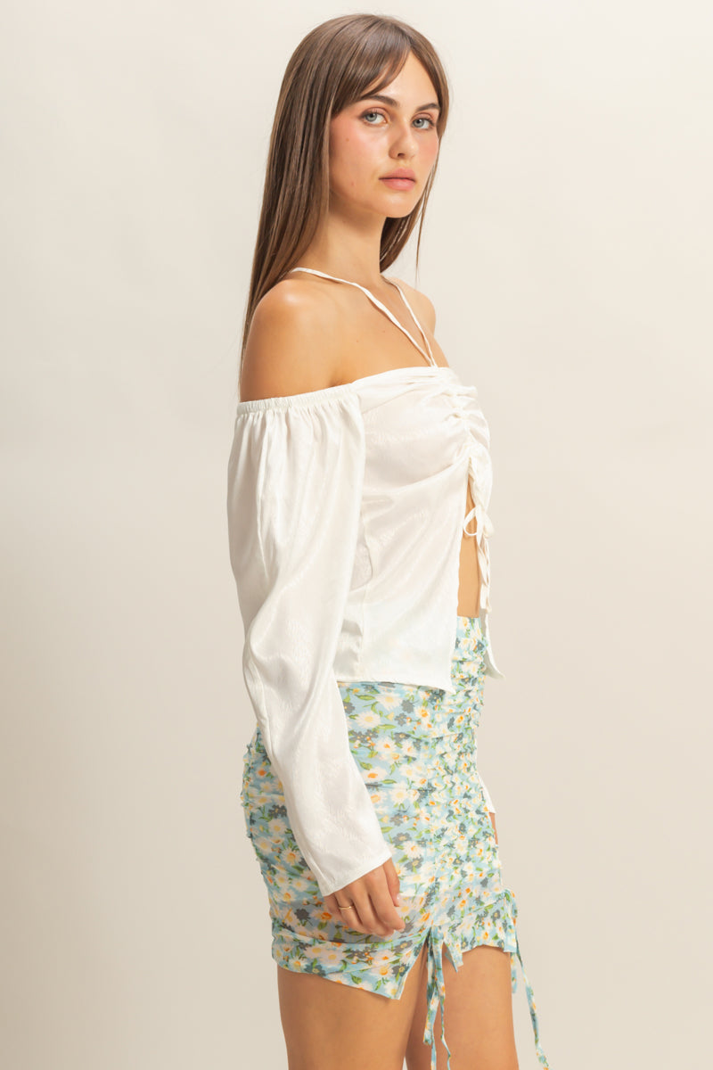 Wholesale Tie-Front Off-Shoulder Blouse Clothing Tops FS22E859 WHITE HYFVE