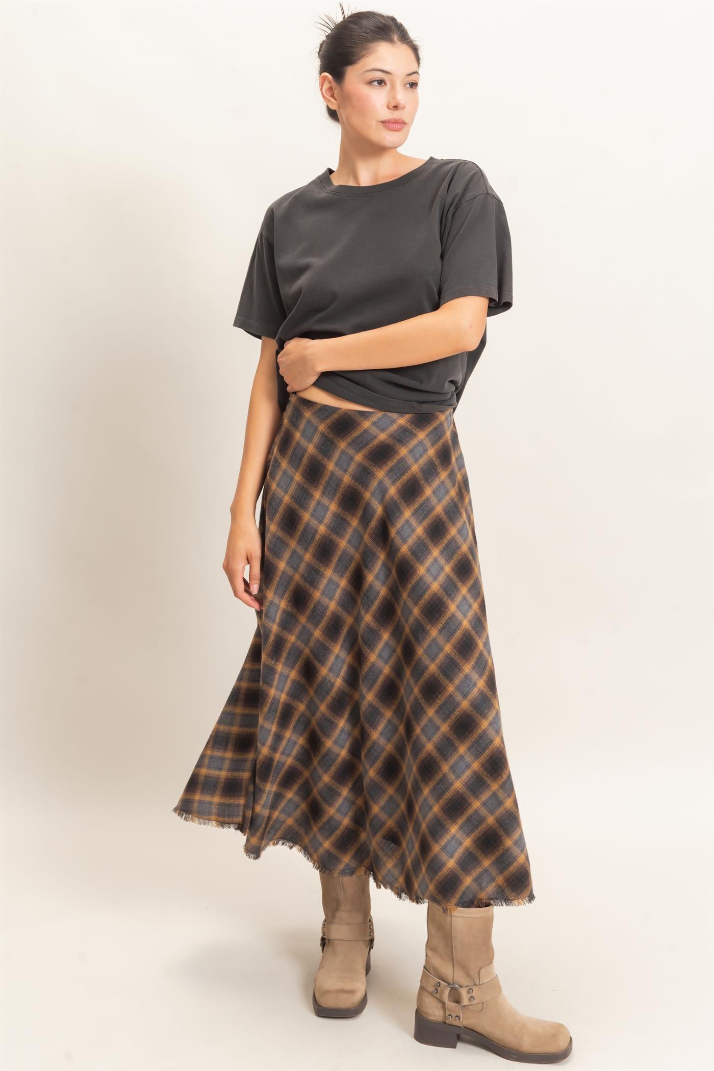 Wholesale A-Line Plaid Frayed Hem Skirt Skirts HF26E972 MUSTARD HYFVE