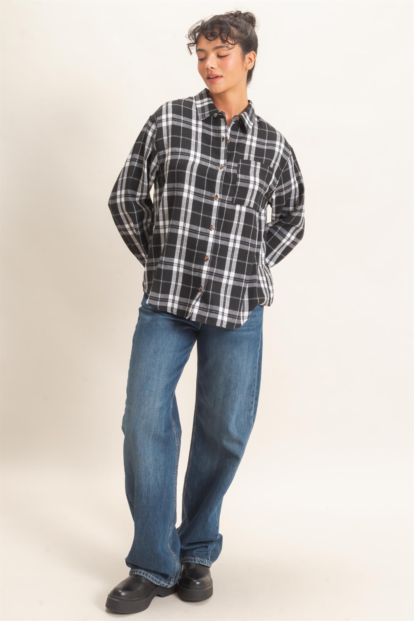 Wholesale Plaid Long Sleeve Shirt Shirts DZ26F275 BLACK DOUBLE ZERO