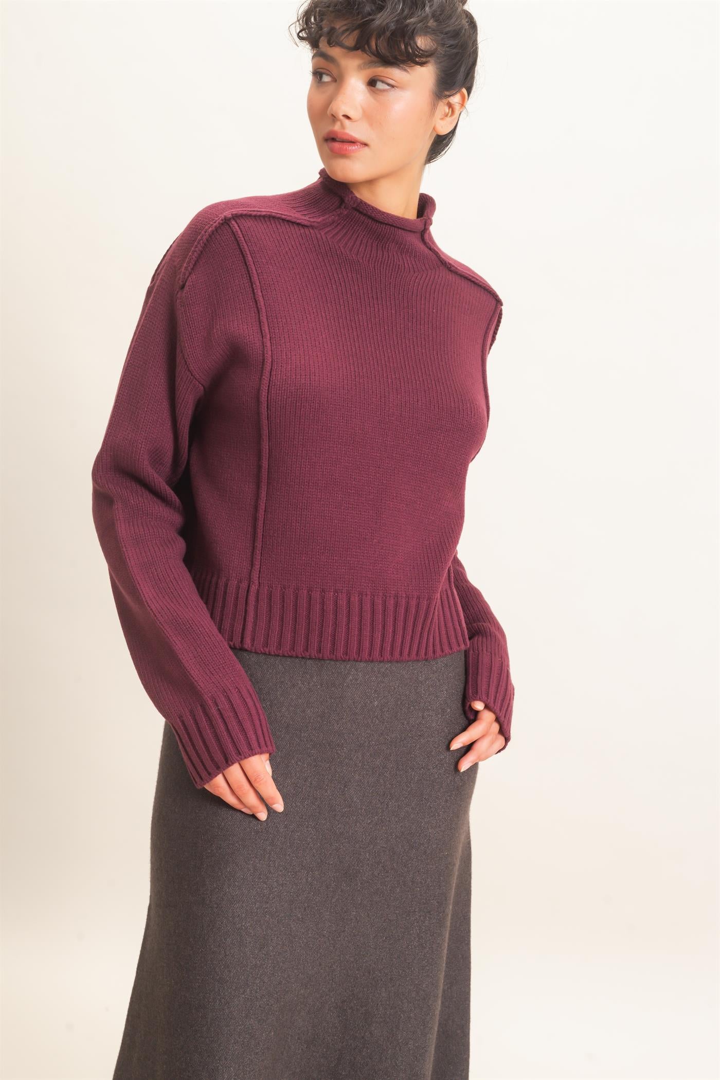 Wholesale Roll Neck Sweater With Reversed Seam Sweaters DZ26E271 DARK CHERRY DOUBLE ZERO