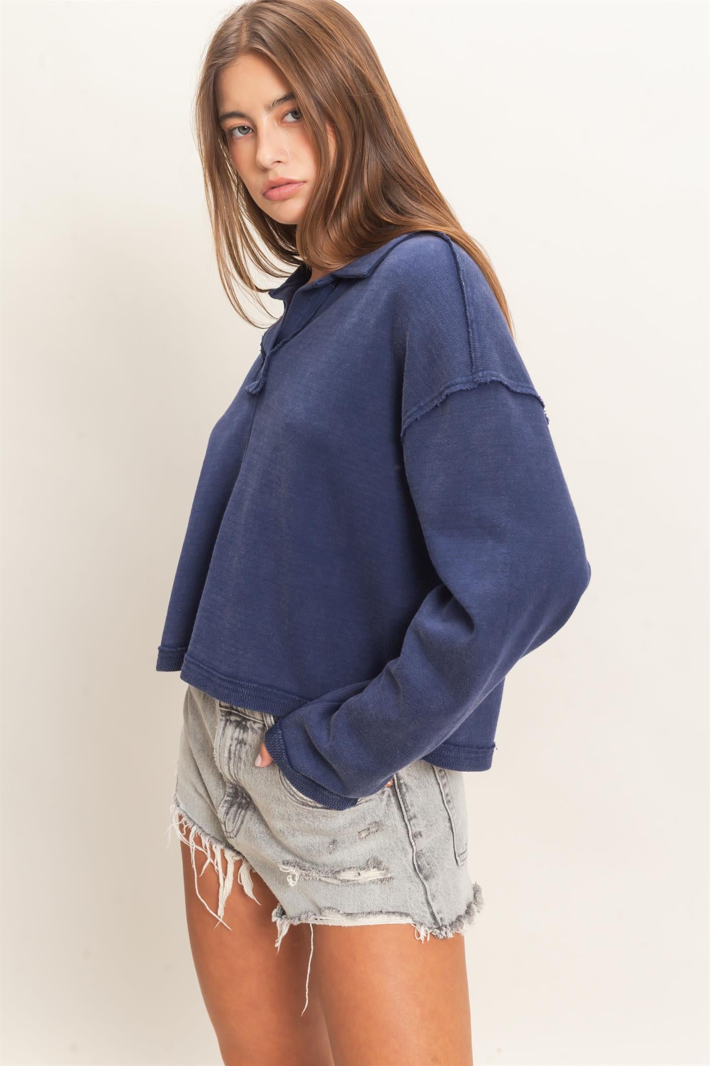 Wholesale Mineral Wash Textured Collar Top Polos DZ26E814 NAVY DOUBLE ZERO
