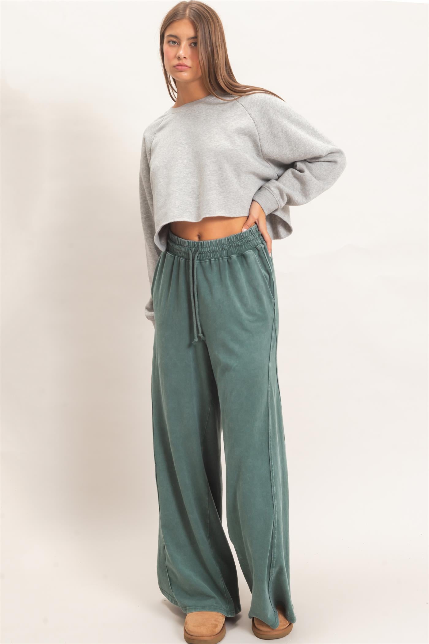 Wholesale Wide Leg Mineral Wash Pants Pants DZ26F406 DARK GREEN DOUBLE ZERO