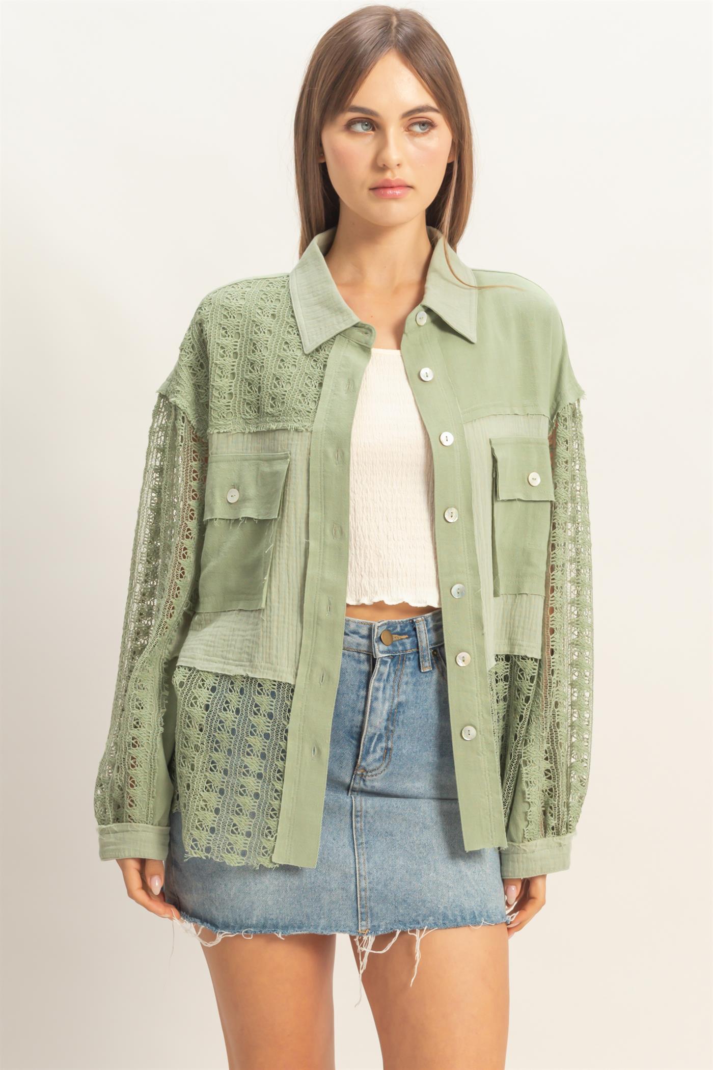 Wholesale Lace Panel Button-Up Shirt Shirts HF26C315 LIGHT OLIVE HYFVE