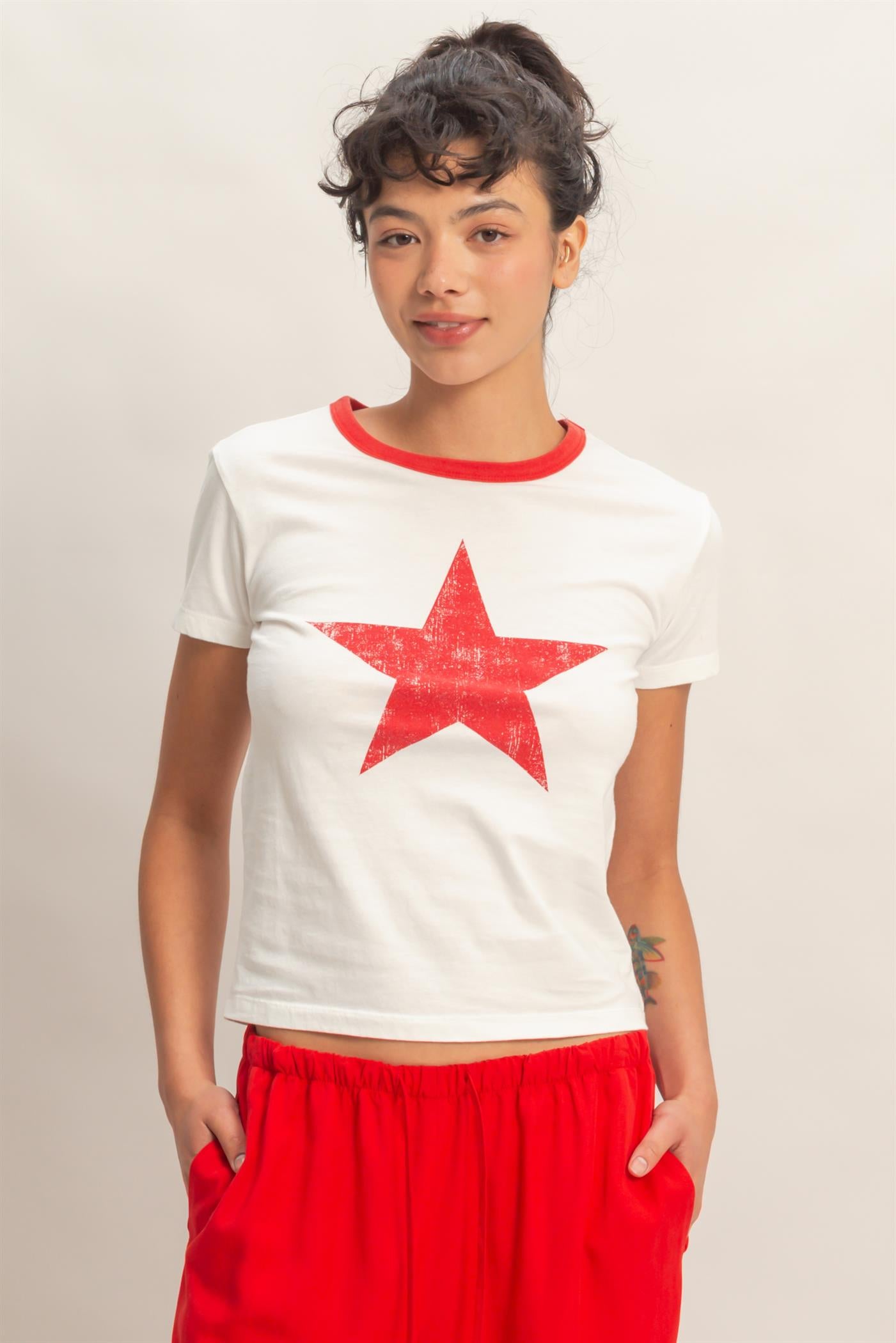 Wholesale Star Graphic Crew Neck T-Shirt T-Shirts DZ26C695 RED DOUBLE ZERO
