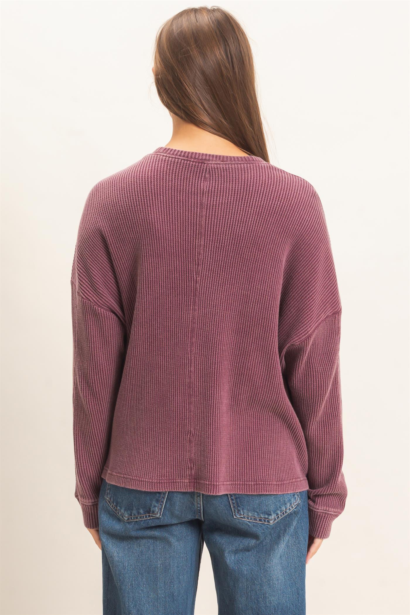 Wholesale Mineral Wash Waffle Long Sleeve Top Clothing Tops DZ26F242 DARK CHERRY DOUBLE ZERO