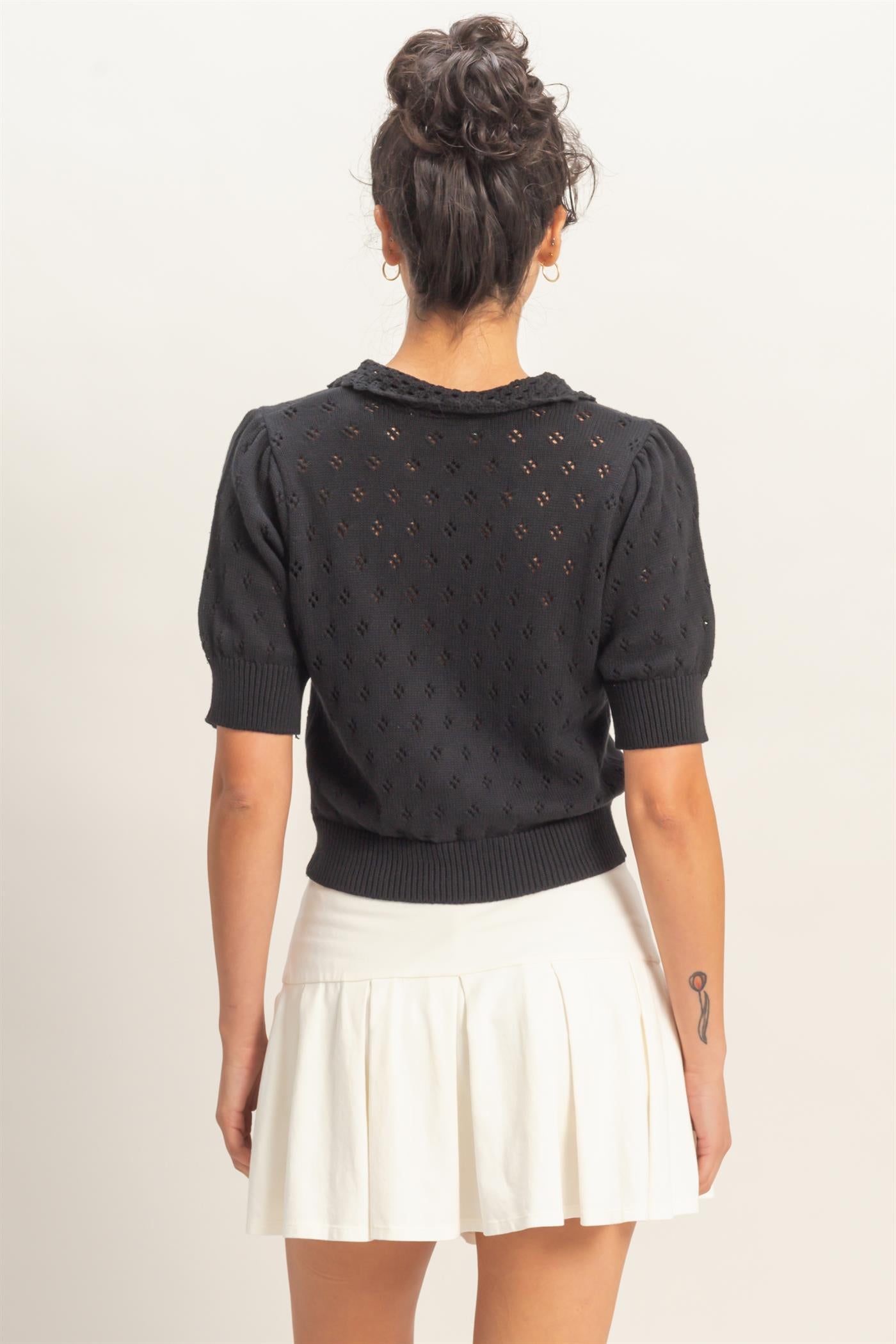 Wholesale Pointelle Collar Button-Up Puff Sleeve Knit Top Clothing Tops DZ26A748 BLACK HYFVE
