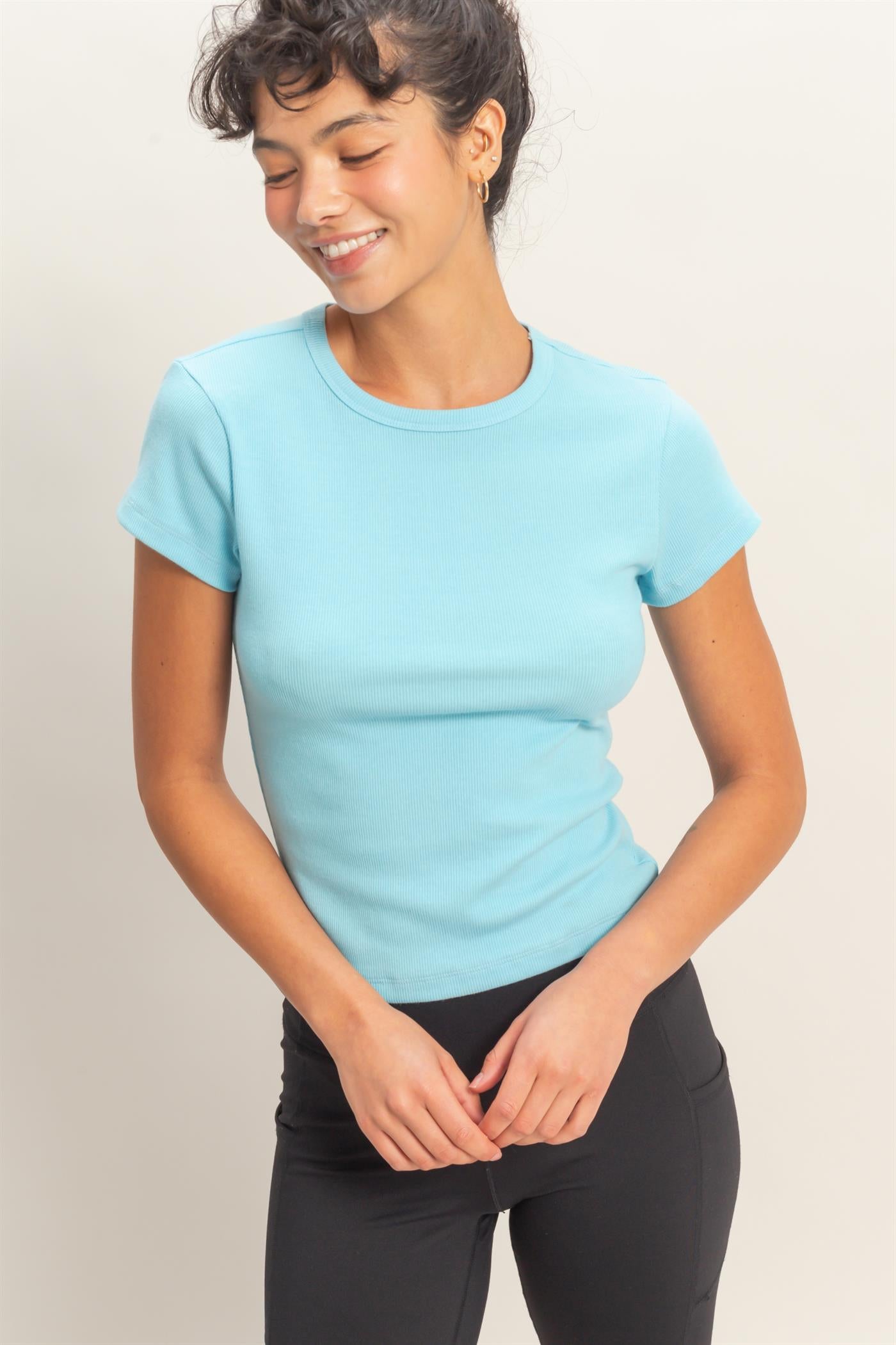 Wholesale Basic Ribbed Short Sleeve Top Clothing Tops DZ26A137 BLUE DOUBLE ZERO