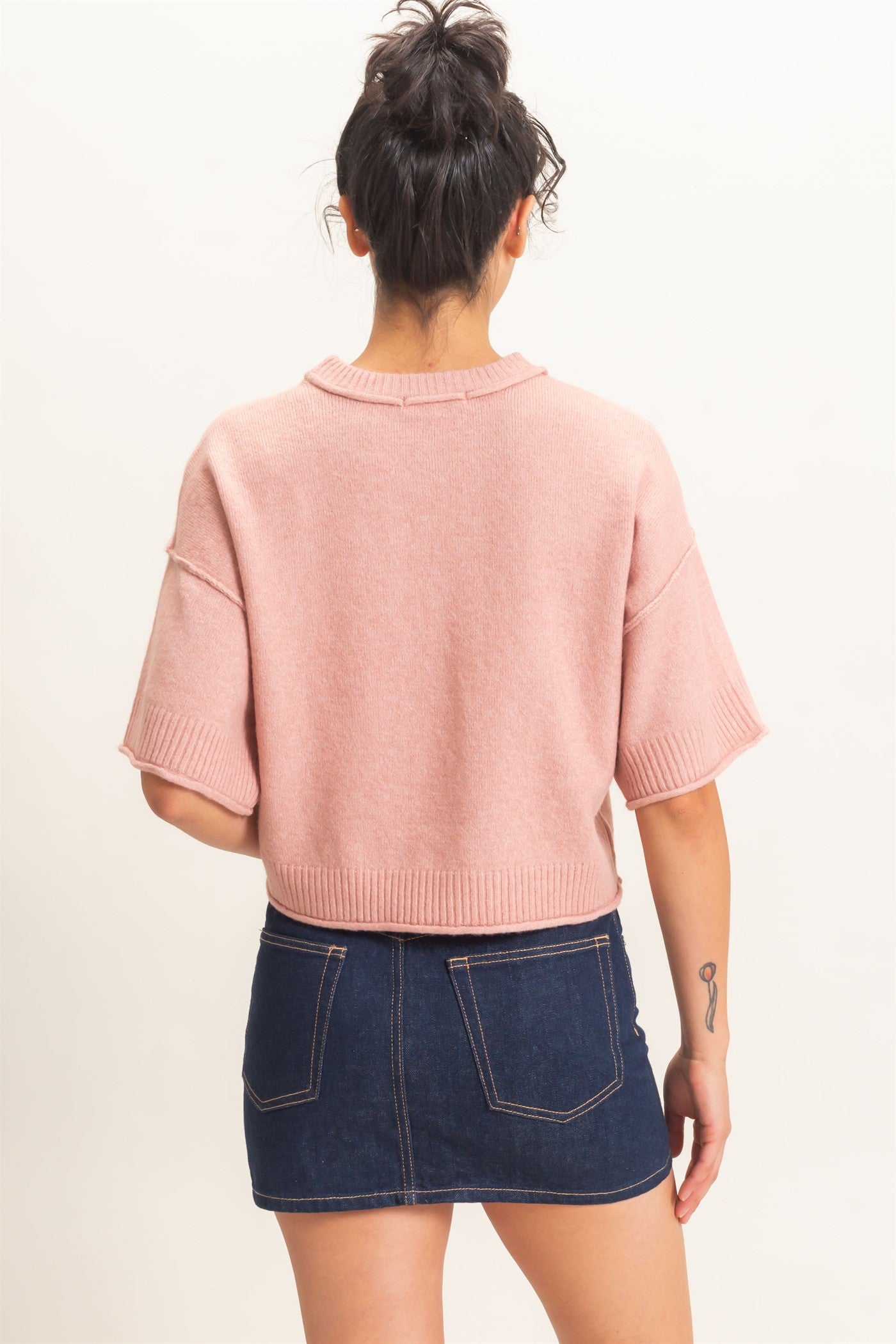 Wholesale Seam Detail Short Sleeve Knit Top Clothing Tops DZ26A827 DUSTY PINK DOUBLE ZERO