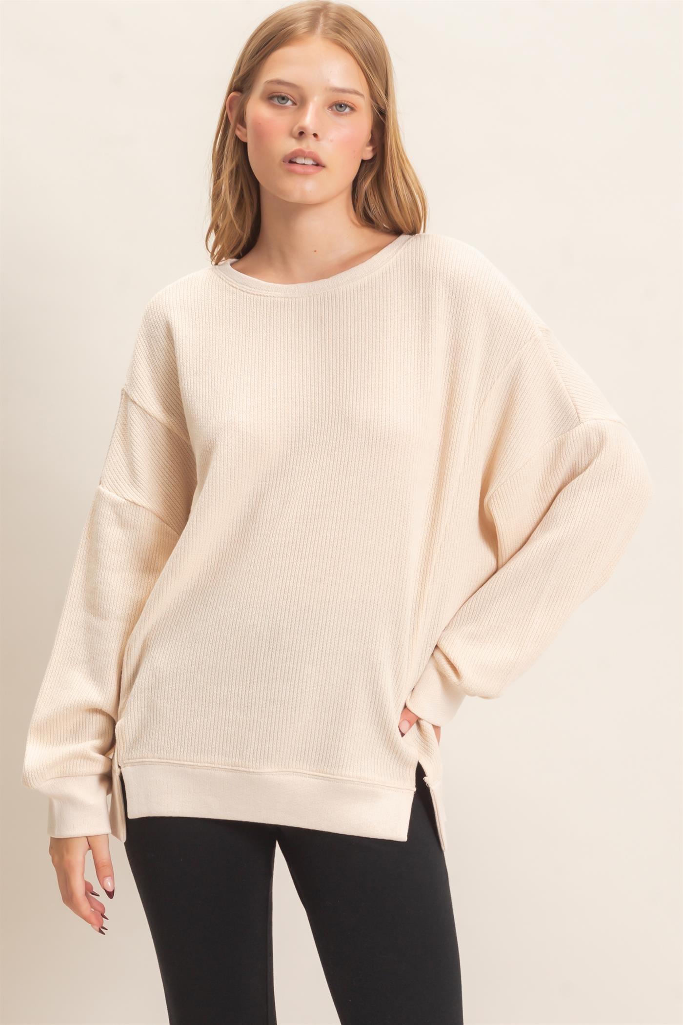 Wholesale Ribbed Boat Neck Knit Top Clothing Tops HF26E852 CREAM HYFVE