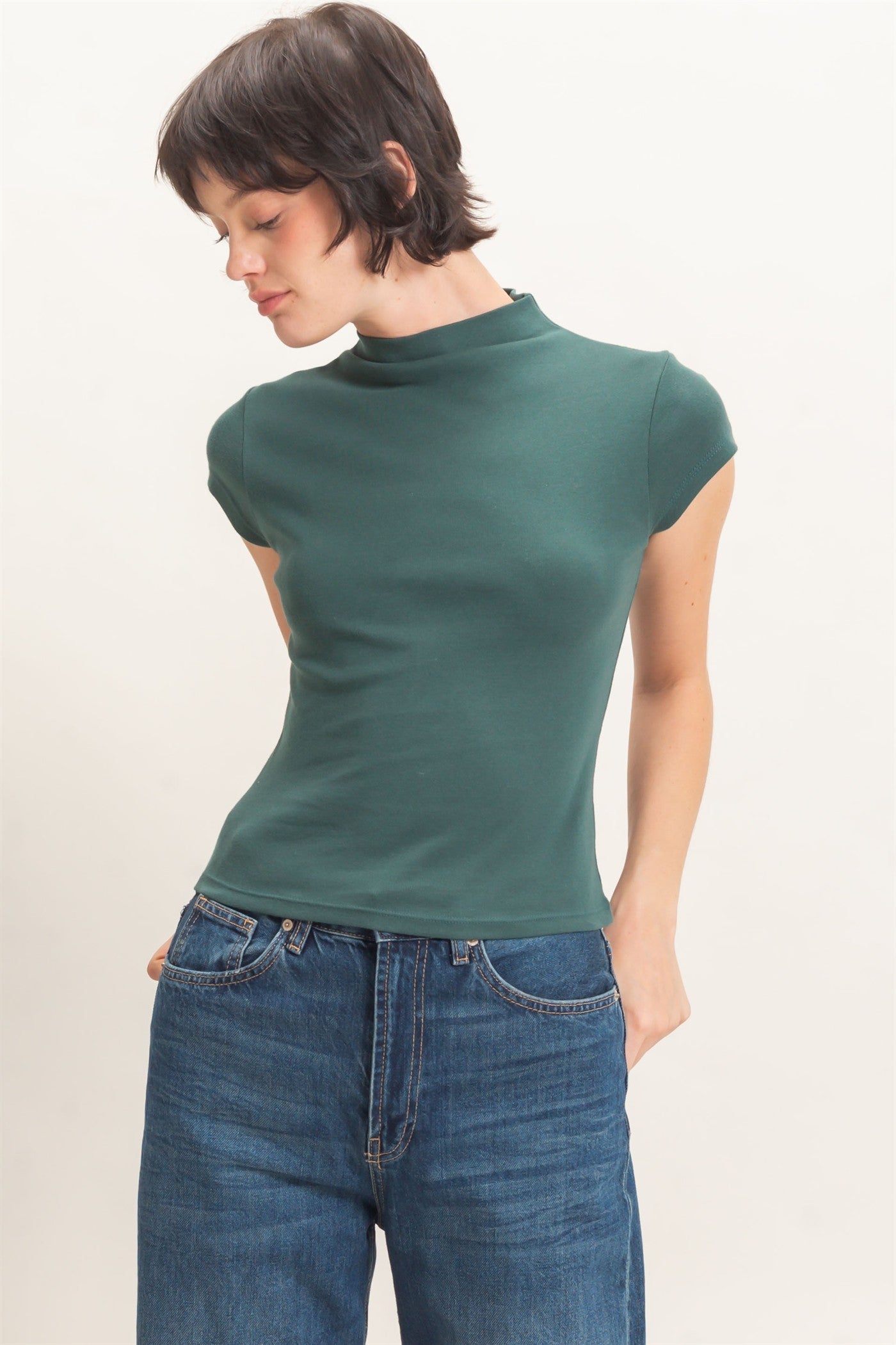 Wholesale Mock Neck Cap Sleeve Top Clothing Tops DZ26E323 DARK GREEN DOUBLE ZERO