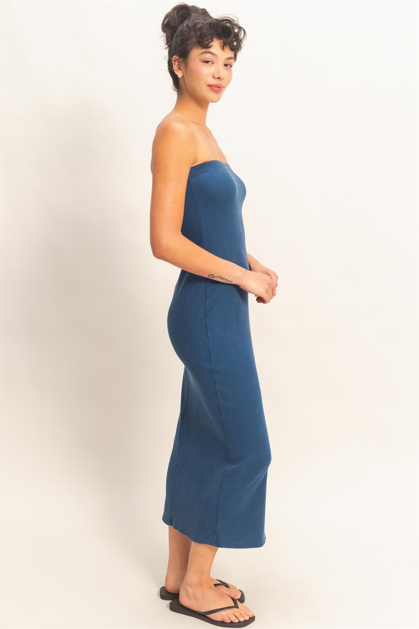 Wholesale Acid Washed Ribbed Midi Tube Dress Dresses DZ26C620 NAVY DOUBLE ZERO
