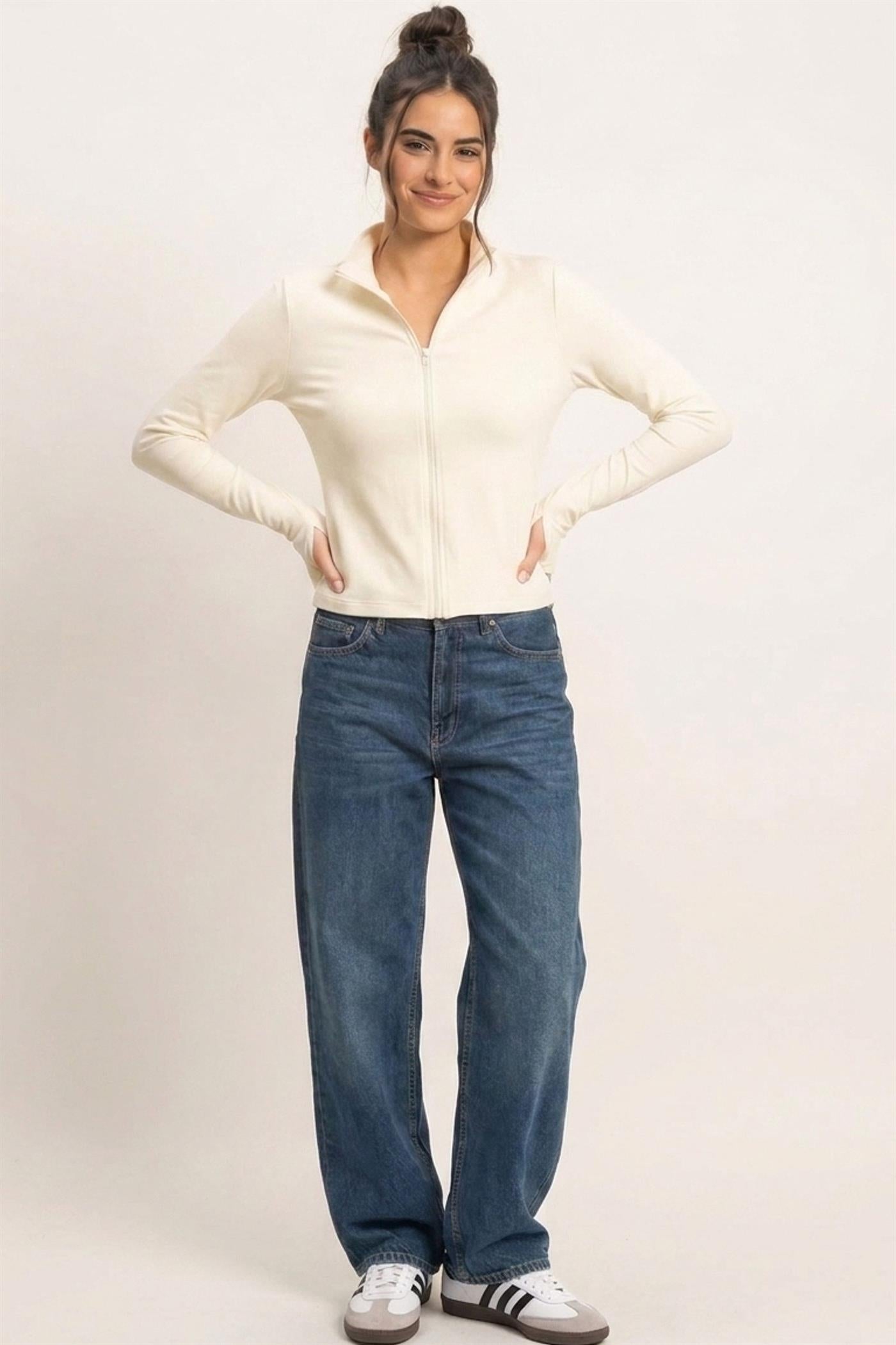 Wholesale Mock Neck Long Sleeve Zip Up Top Clothing Tops DZ26E911 CREAM DOUBLE ZERO