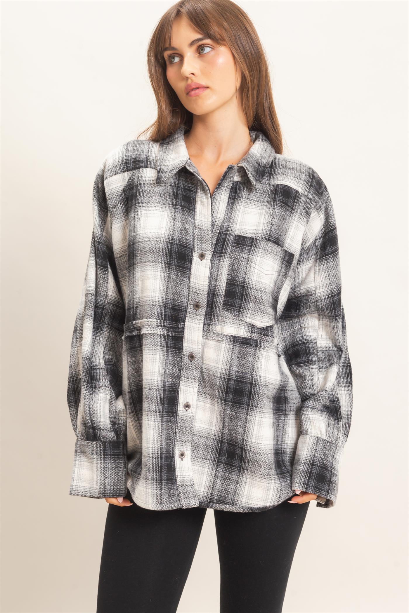 Wholesale Plaid Flannel Shirt Clothing Tops HF26C863 BLACK HYFVE