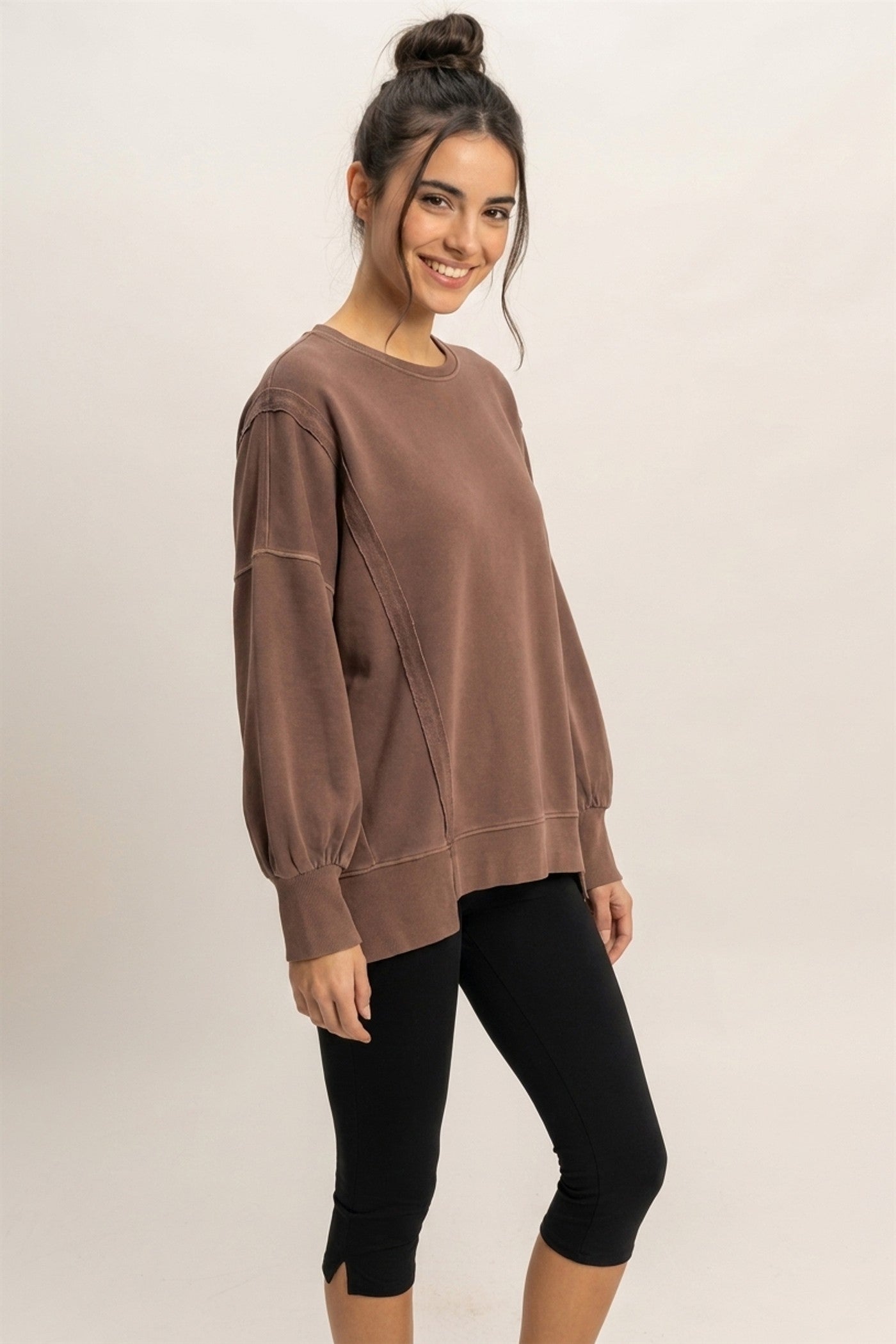 Wholesale Pigment  Dye Oversized Raw Edge Sweatshirt Sweatshirts DZ26C737 DARK BROWN DOUBLE ZERO