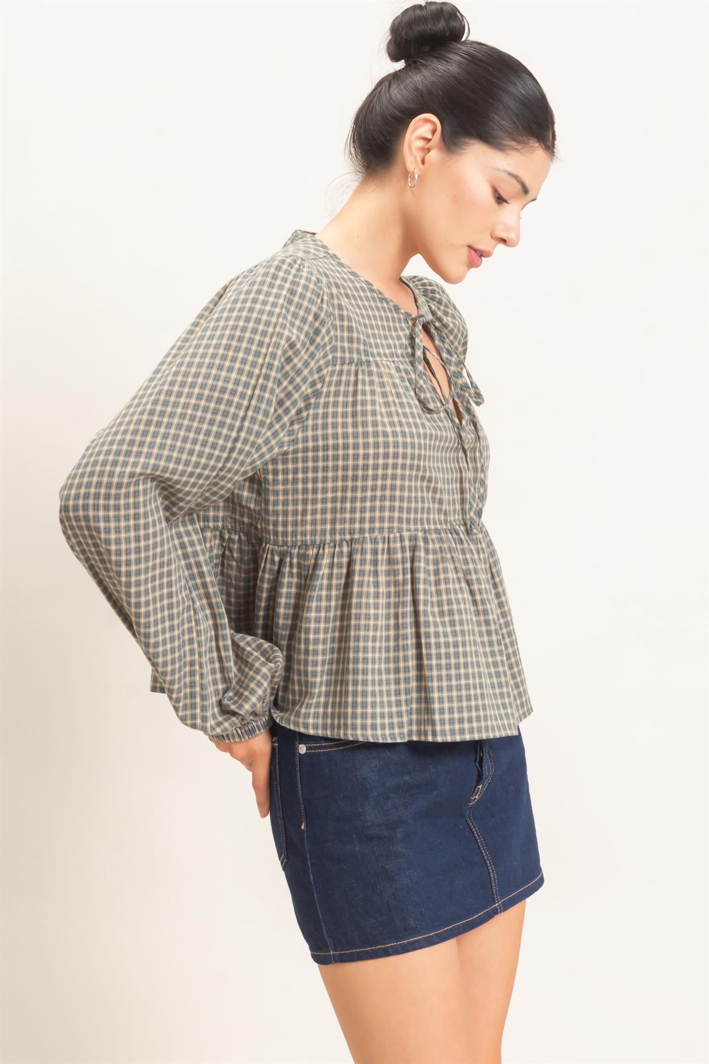 Wholesale Checkered Tie Neck Top Clothing Tops HF26E732 TEAL BLUE HYFVE