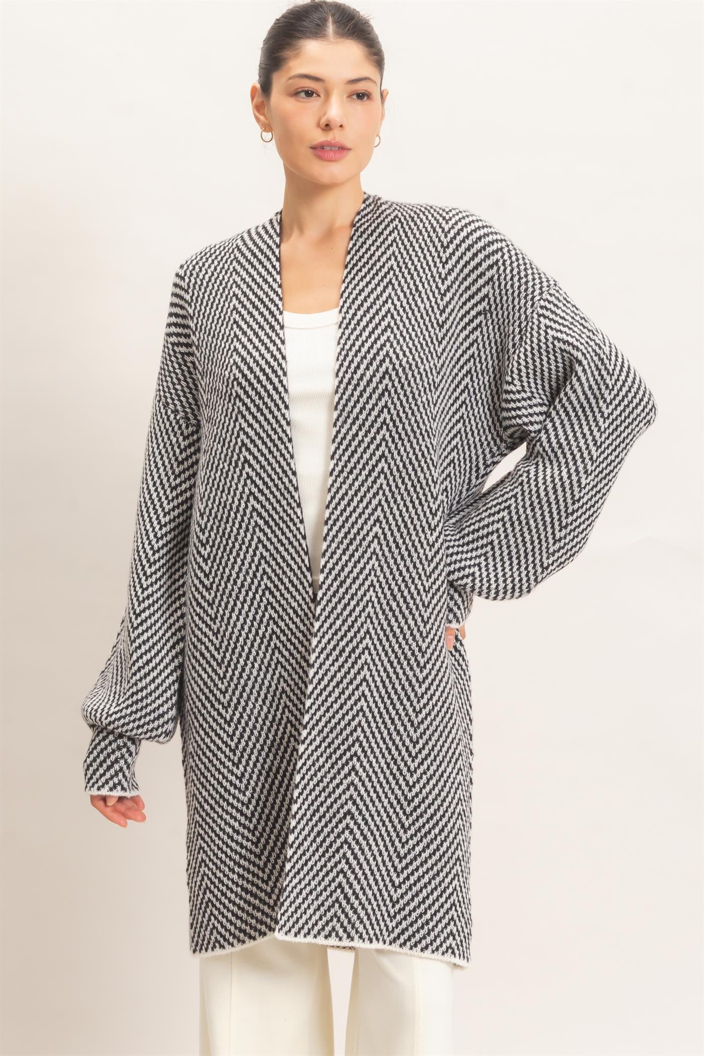 Wholesale Herringbone Pattern Open-Front Cardigan Cardigans HF26F171 BLACK HYFVE