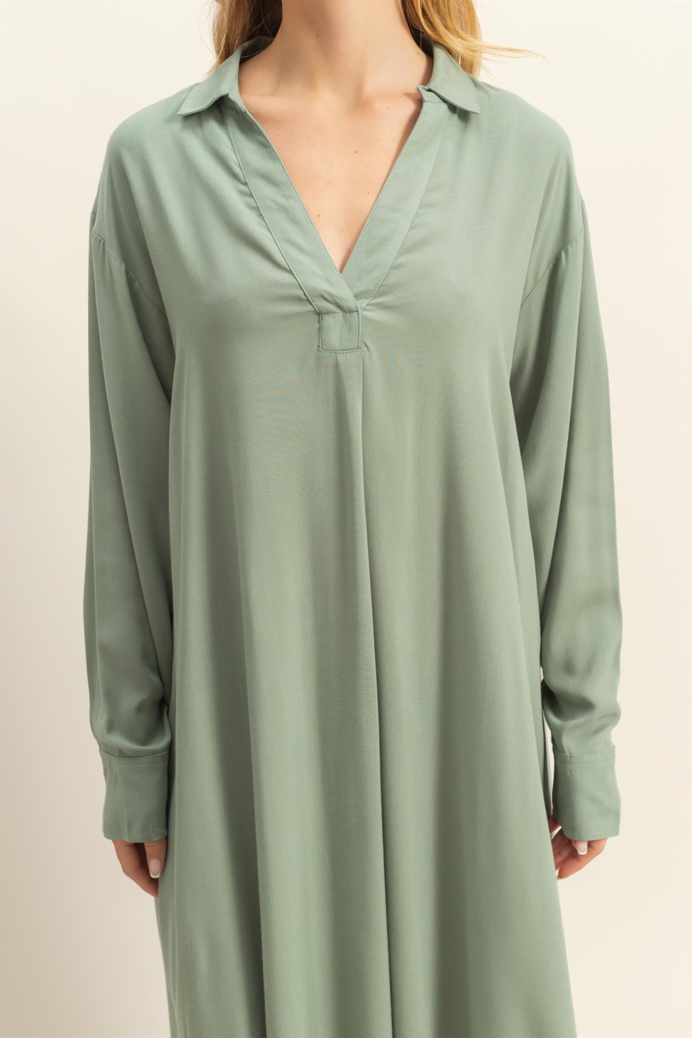 Wholesale V-Neck Long Sleeved Midi Shirts Dress Dresses DZ24E706 SAGE GREEN DOUBLE ZERO