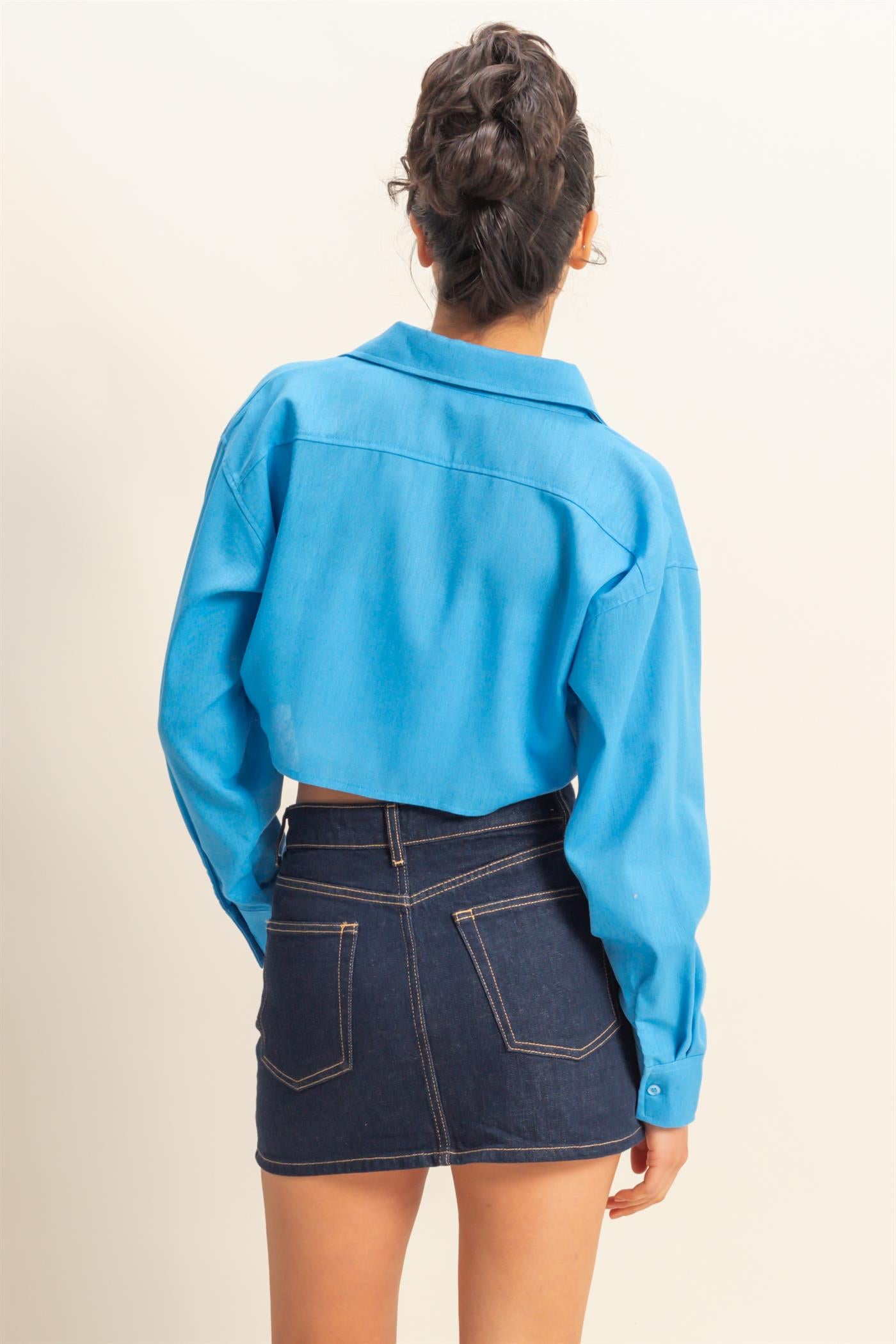 Wholesale Sand Washed Tie Front Crop Top Blouses DZ24C963 BLUE DOUBLE ZERO