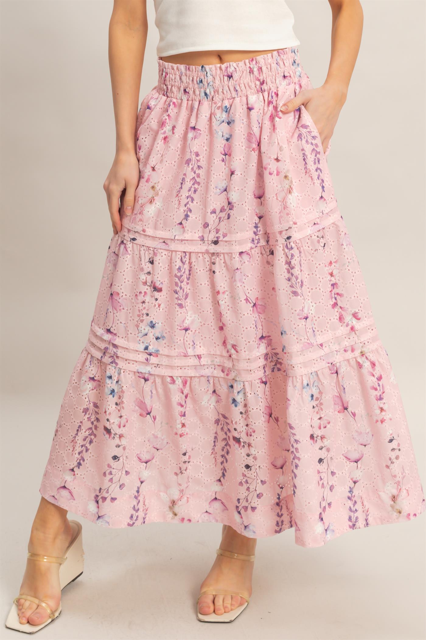 Wholesale Floral Smocked Waist Skirt Skirts HF26A361-D PINK HYFVE