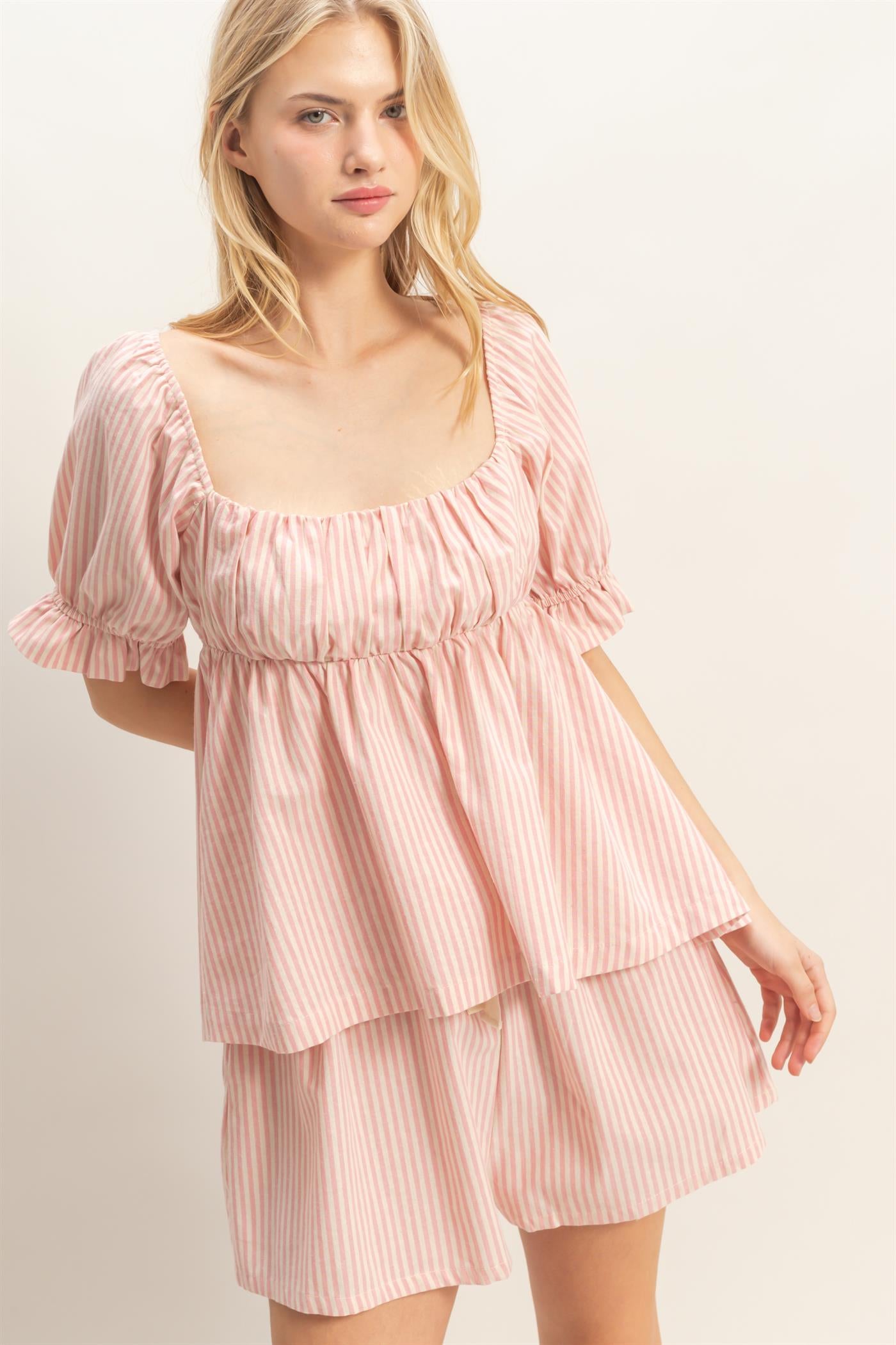 Wholesale Striped Square Neck Peplum Top Clothing Tops HF26E386 PINK HYFVE