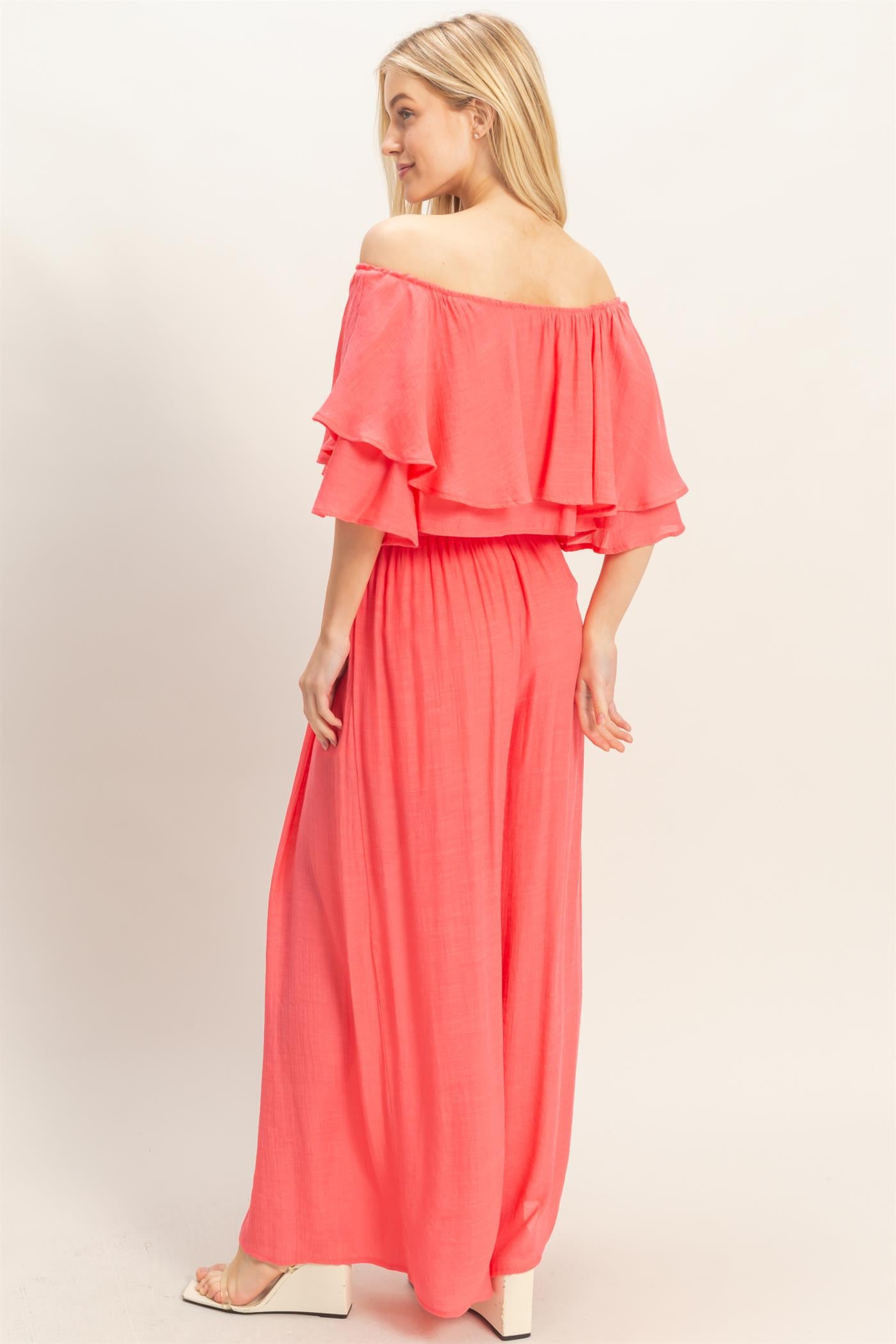 Wholesale Off Shoulder Top & Pleated Pant Set Clothing HF26C291-SET-D CORAL RED HYFVE