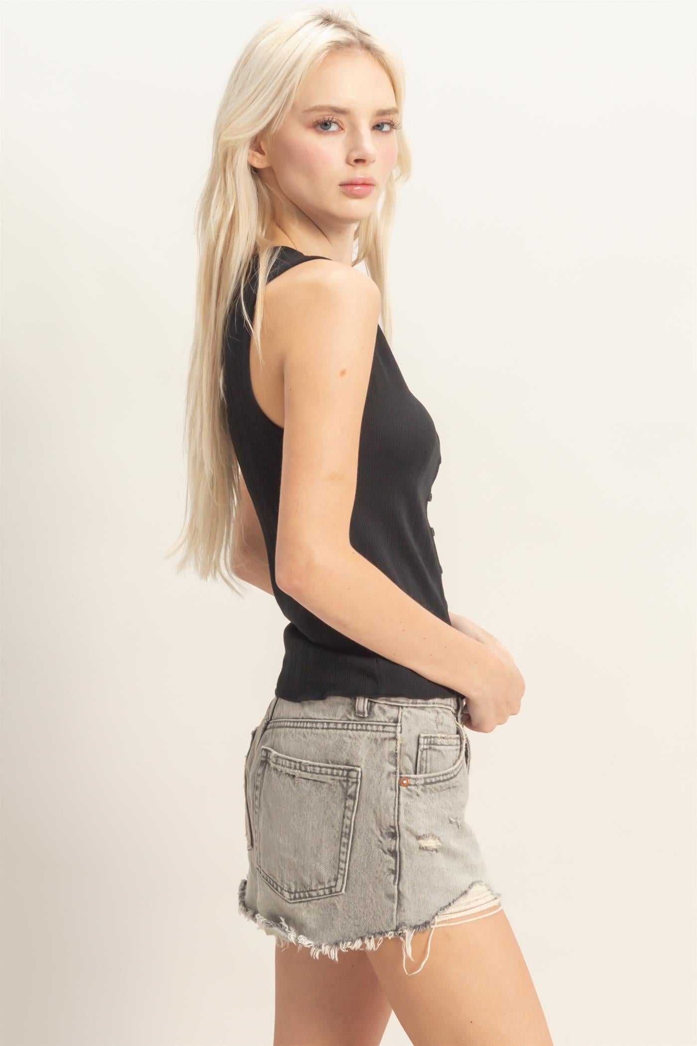 Wholesale Sleeveless Pointelle Button Front Top Clothing Tops DZ26A759 BLACK DOUBLE ZERO