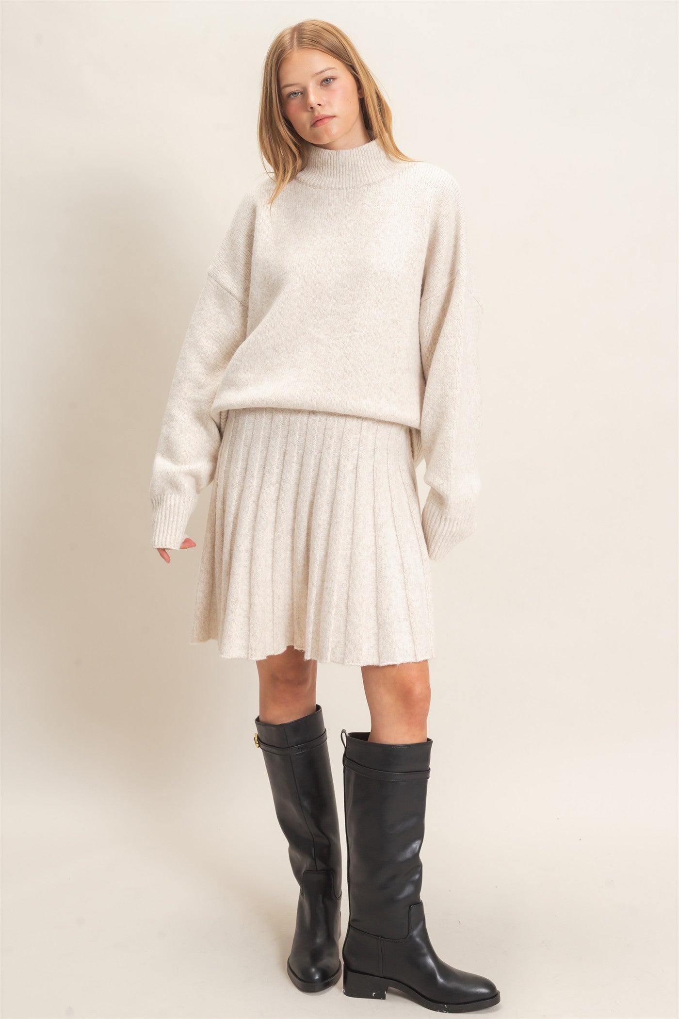 Wholesale Mock Neck Sweater And Pleated Skirt Set Clothing HF26F232-SET ECRU HYFVE