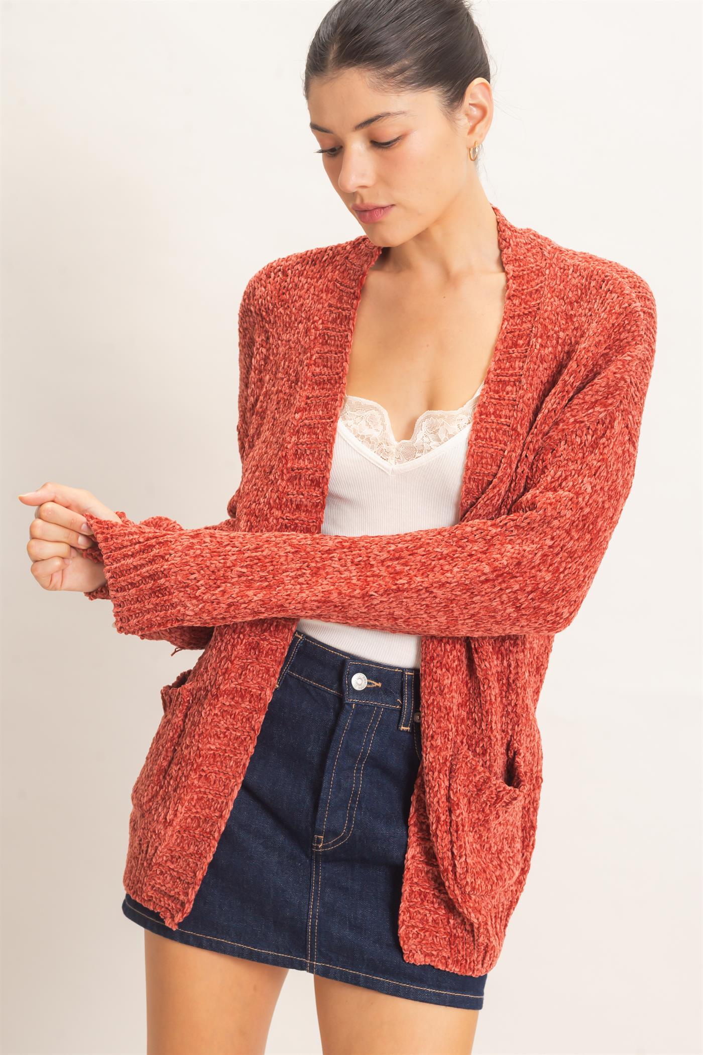Wholesale Patch Pocket Chenille Cardigan Cardigans HF26E839 RUST HYFVE