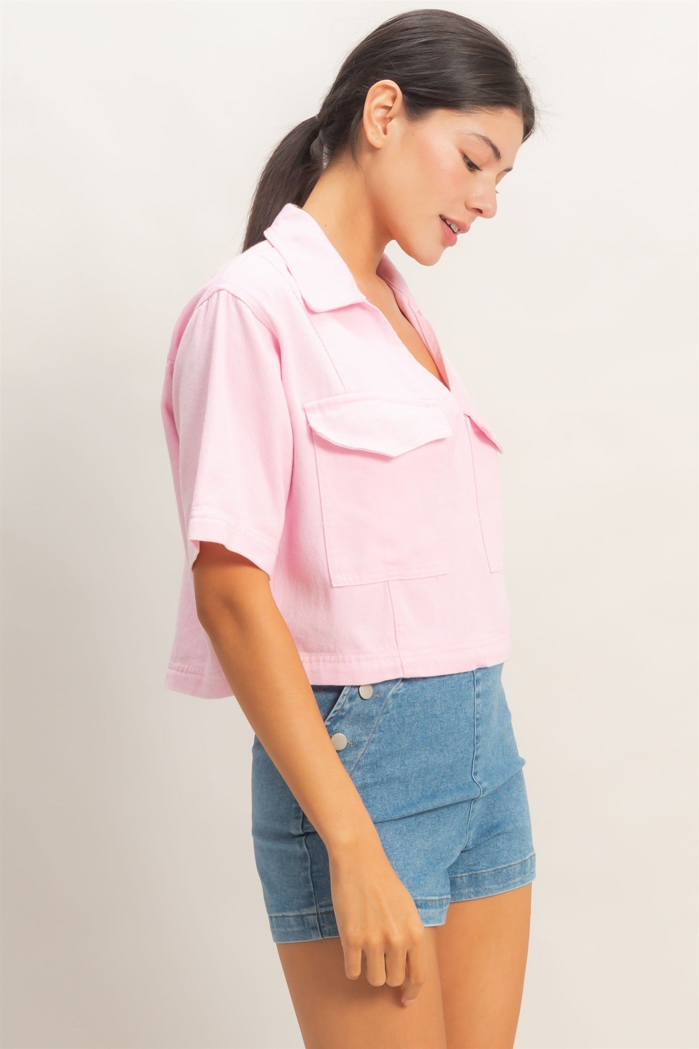 Wholesale Collared V-Neck Top Clothing Tops HF26E444 LIGHT PINK HYFVE