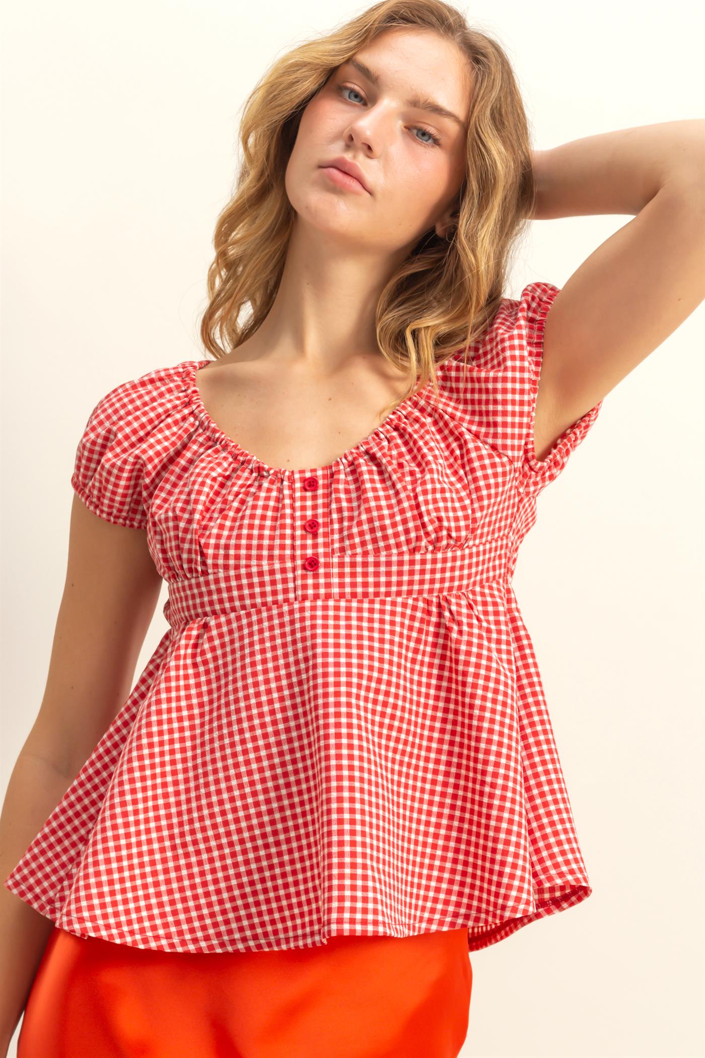 Wholesale Gingham Scoop Neck Cap Sleeve Blouse Blouses DZ25C042 RED DOUBLE ZERO