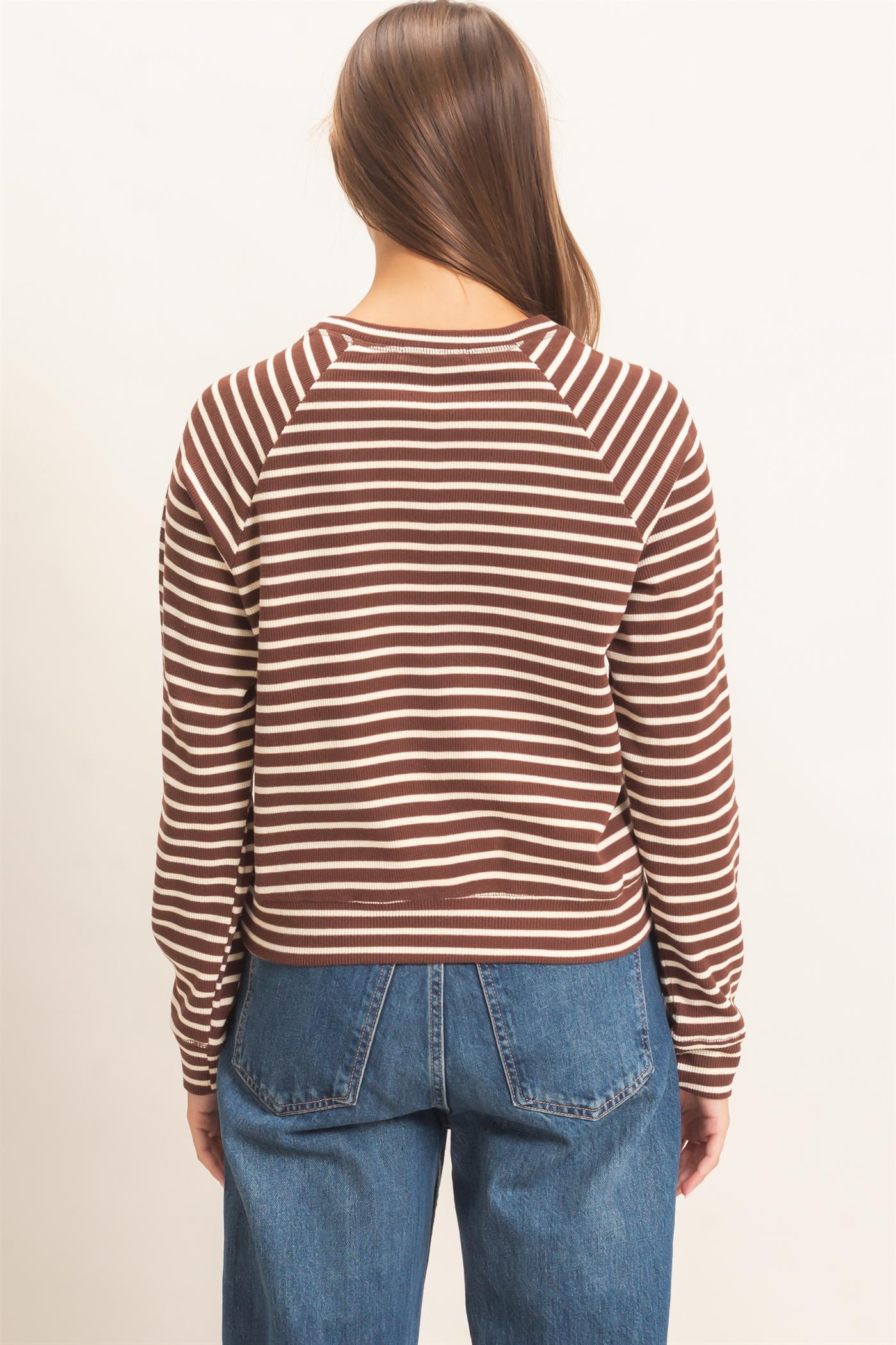 Wholesale Striped Waffle Knit Raglan Top Clothing Tops DZ26E450 DARK BROWN DOUBLE ZERO