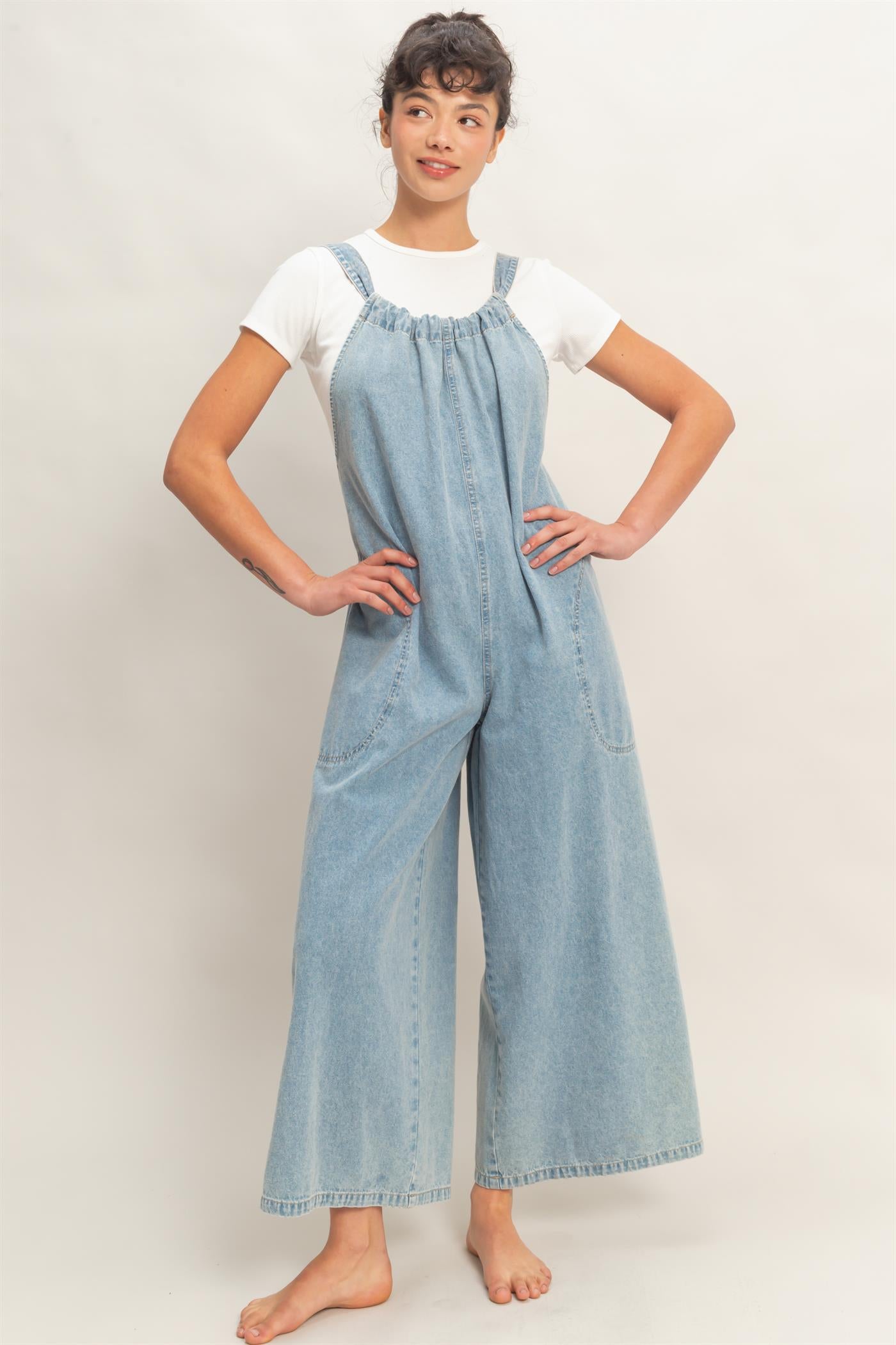 Wholesale Denim Adjustable Strap Jumpsuit Clothing DZ26C414 LIGHT BLUE DOUBLE ZERO