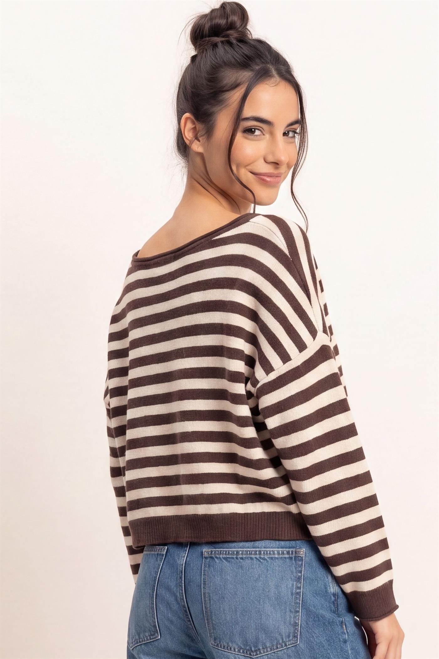 Wholesale Off The Shoulder Striped Sweater Sweaters DZ26E653 DARK BROWN DOUBLE ZERO