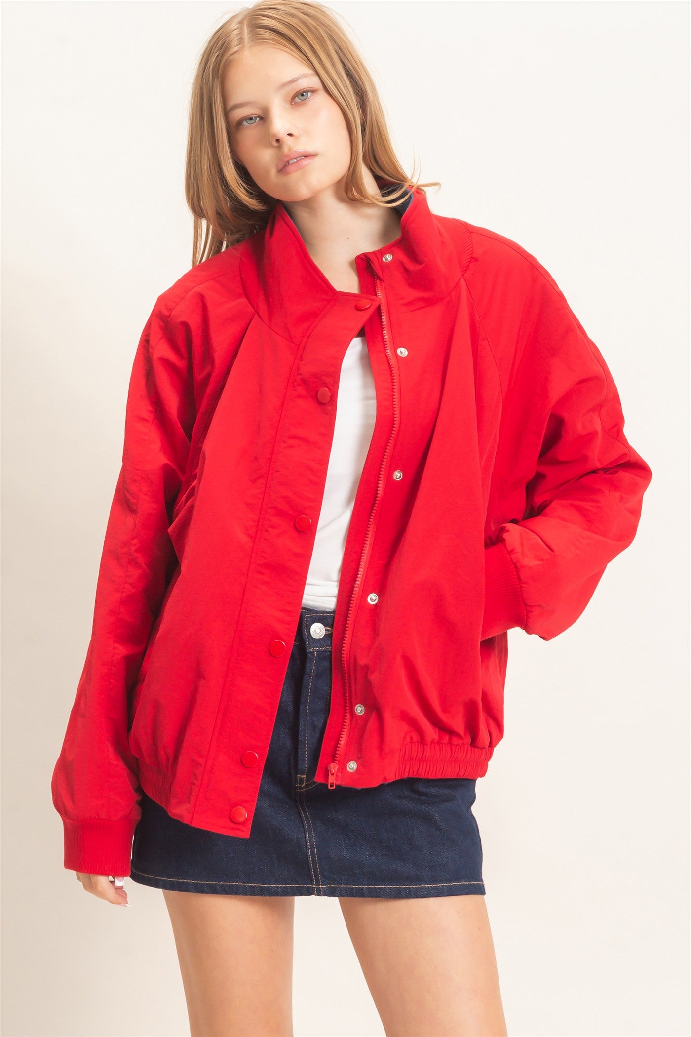Wholesale Fleece-Lined Mock Neck Snap Jacket Coats & Jackets HF26C918 RED HYFVE
