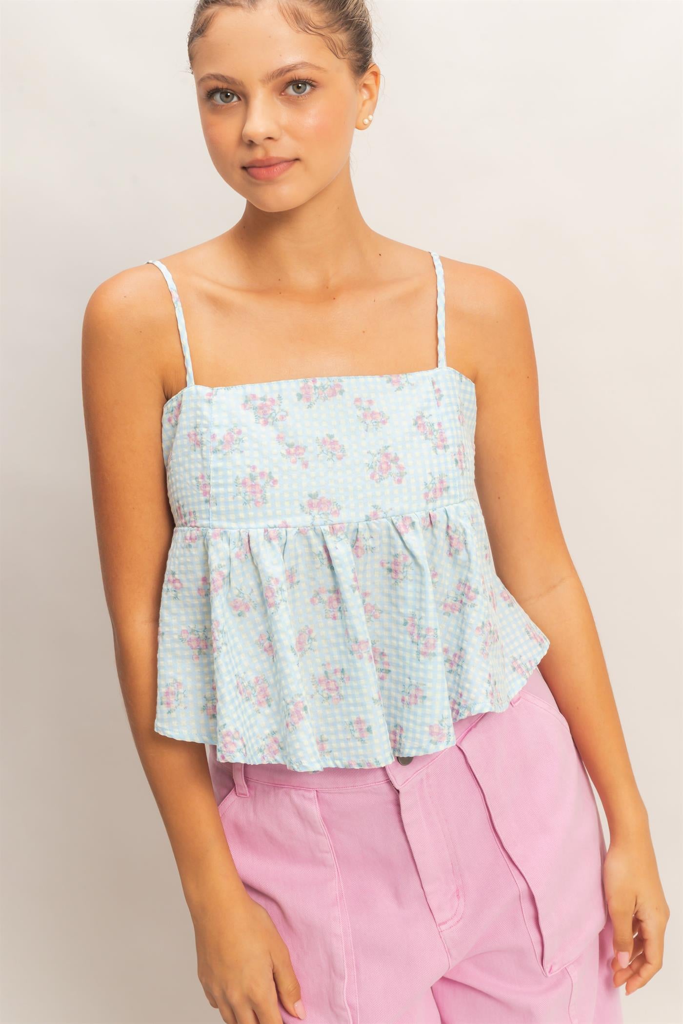 Wholesale Floral Seersucker Babydoll Top Clothing Tops HF26A416 BLUE HYFVE