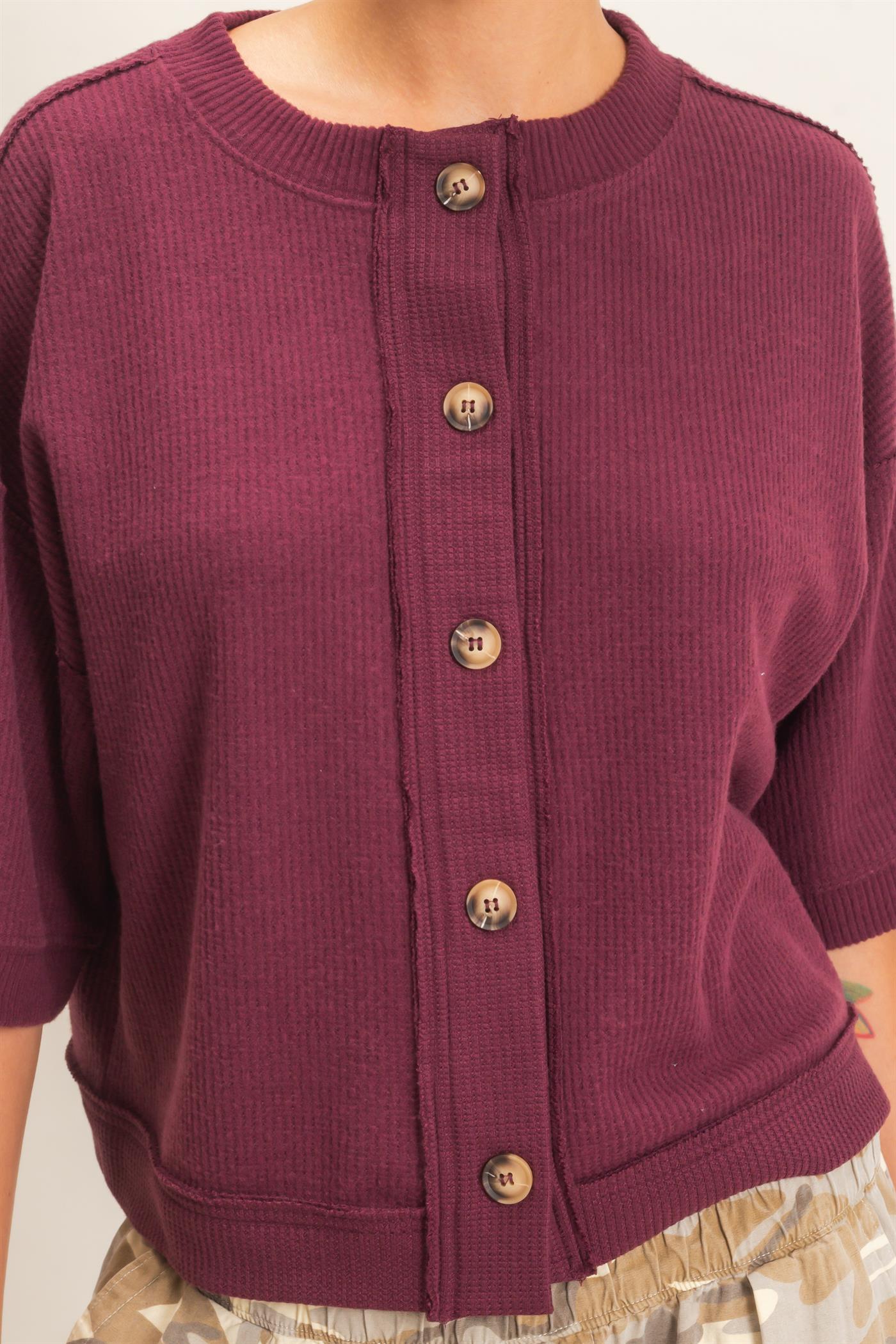 Wholesale Button-Down Short Sleeve Waffle Top Clothing Tops DZ26F244 DARK CHERRY DOUBLE ZERO