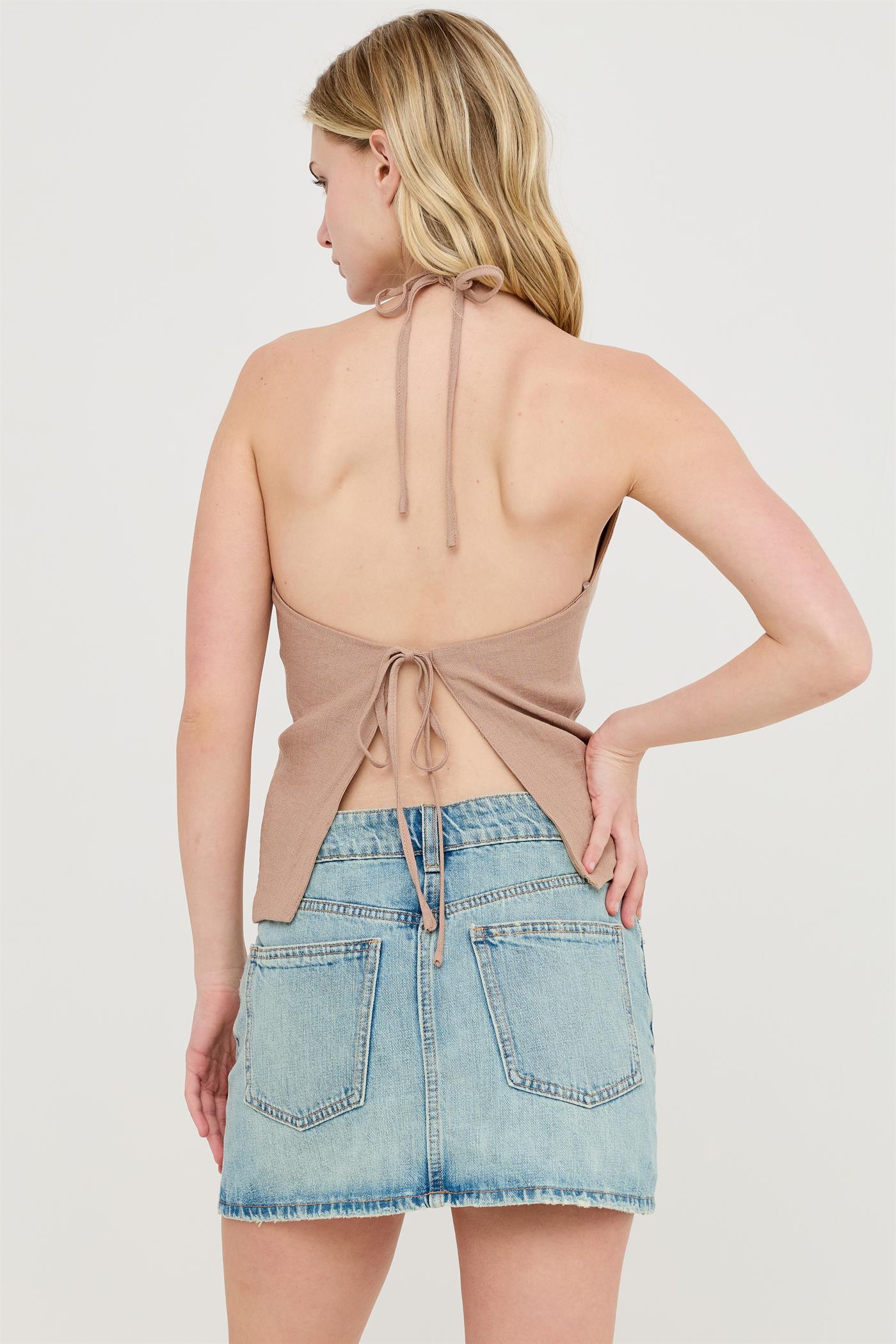 Wholesale Button Front Halter Top Clothing Tops HF26C130 LIGHT BROWN HYFVE