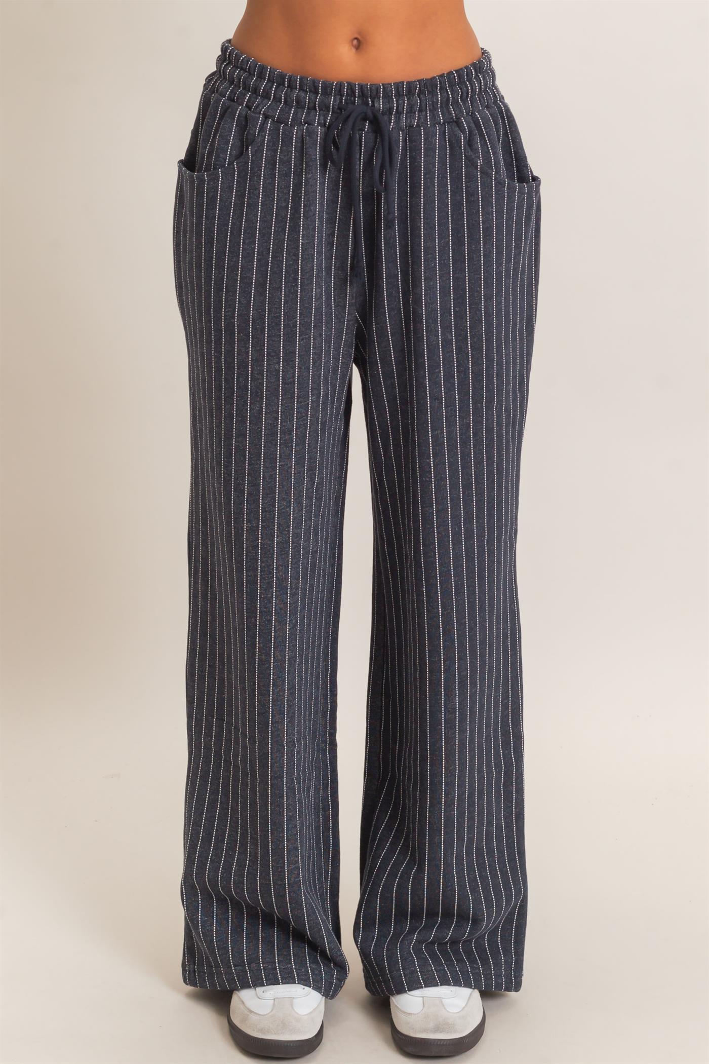 Wholesale Pinstripe Elastic Waist Sweatpants Pants DZ26A813 NAVY DOUBLE ZERO