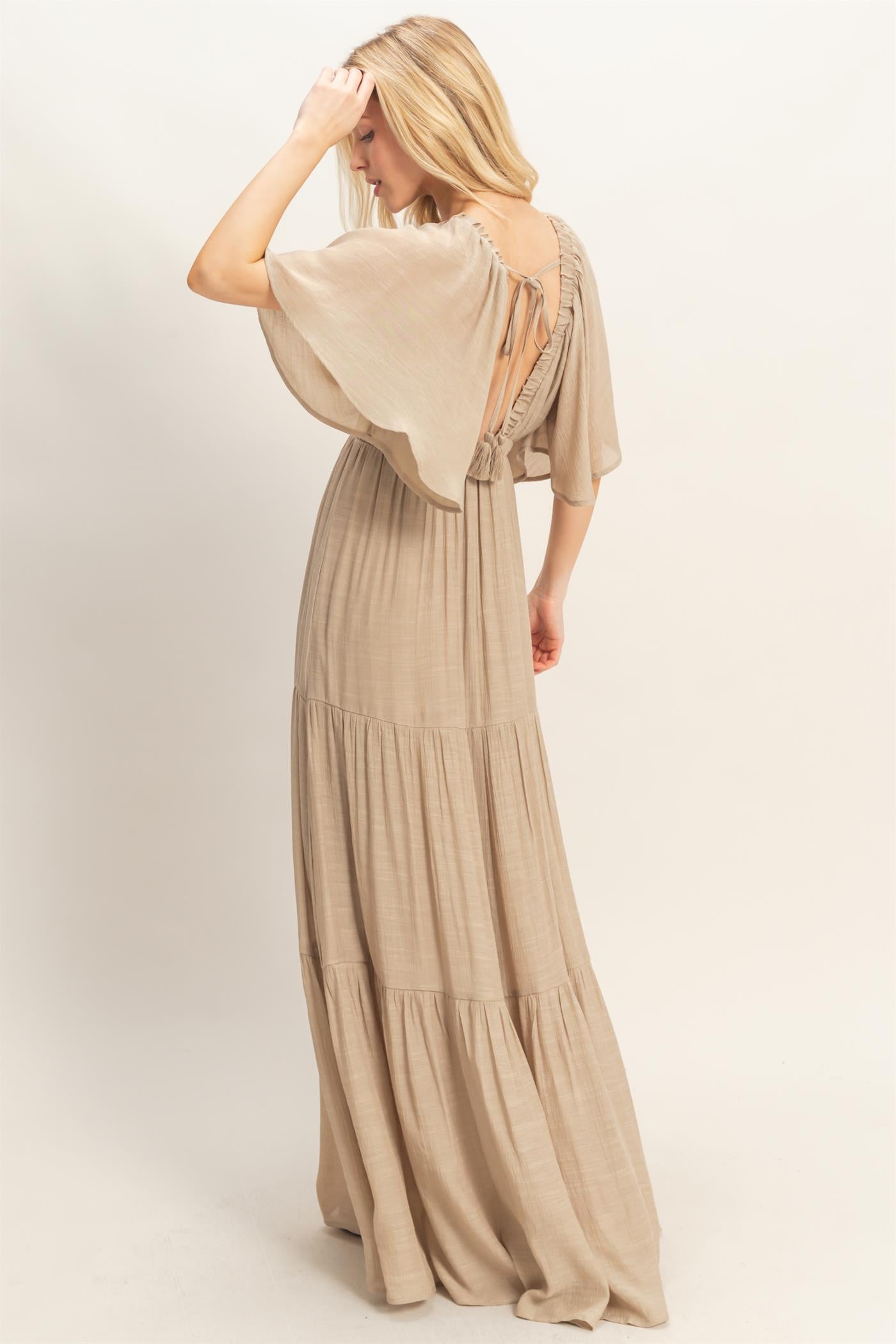 Wholesale Flutter Sleeve Maxi Dress Dresses HF26C285-D TAUPE HYFVE