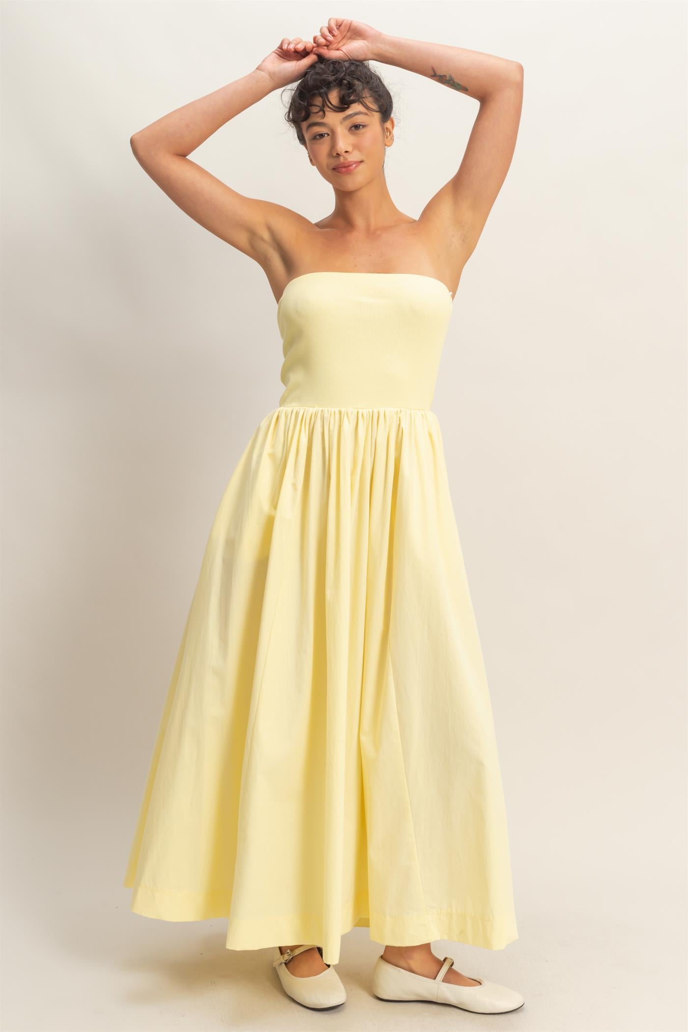 Wholesale Strapless Flowy Midi Dress Dresses DZ26A744 PALE YELLOW DOUBLE ZERO