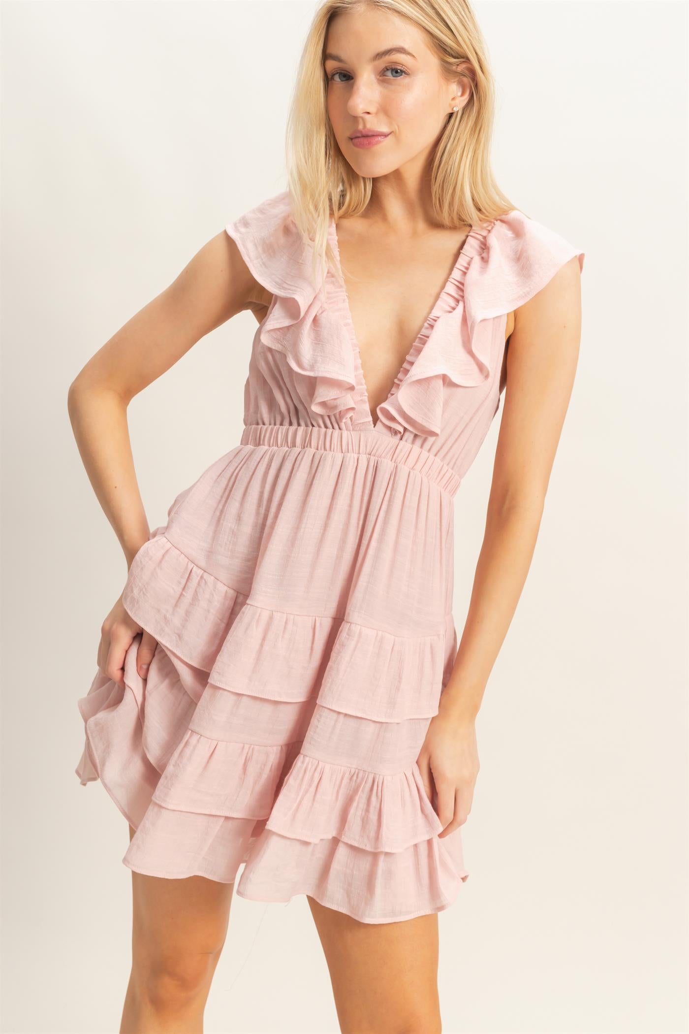 Wholesale Ruffle V-Neck Tiered Mini Dress Dresses HF26C283-D BLUSH DOUBLE ZERO