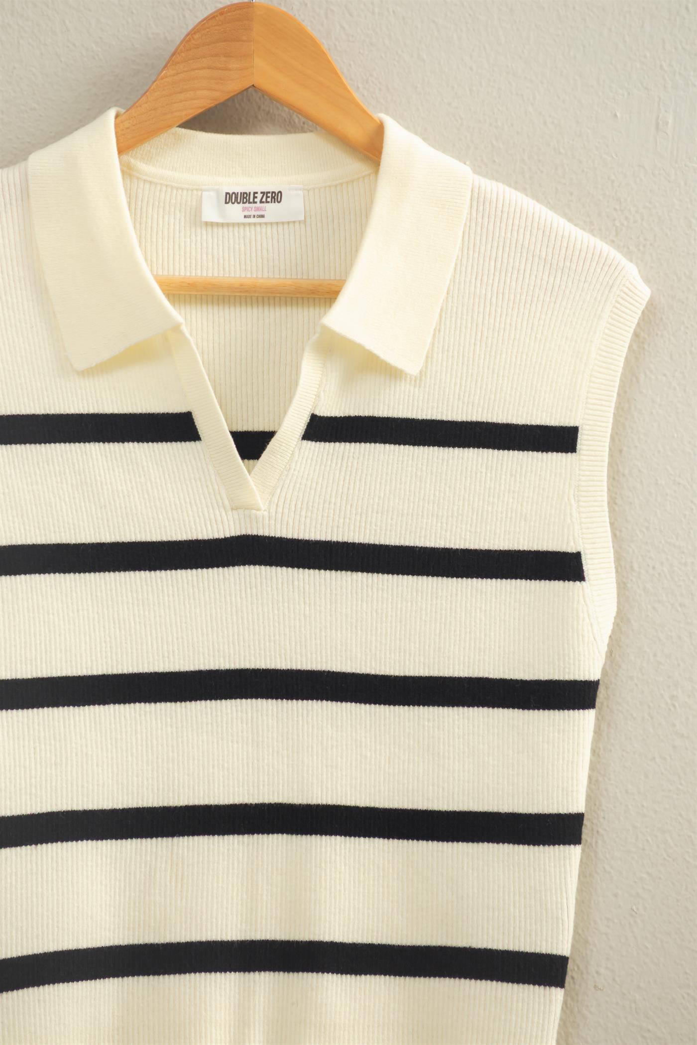 Wholesale Collared Striped Polo Vest Clothing Tops DZ26A337 BLACK DOUBLE ZERO