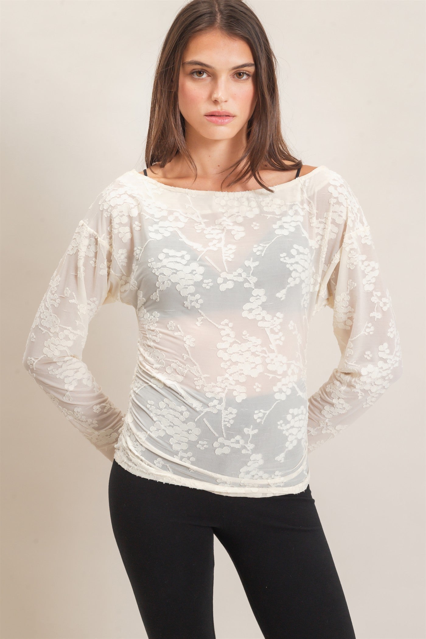 Wholesale Sheer Lace Boat Neck Top Blouses HF26E761 IVORY HYFVE
