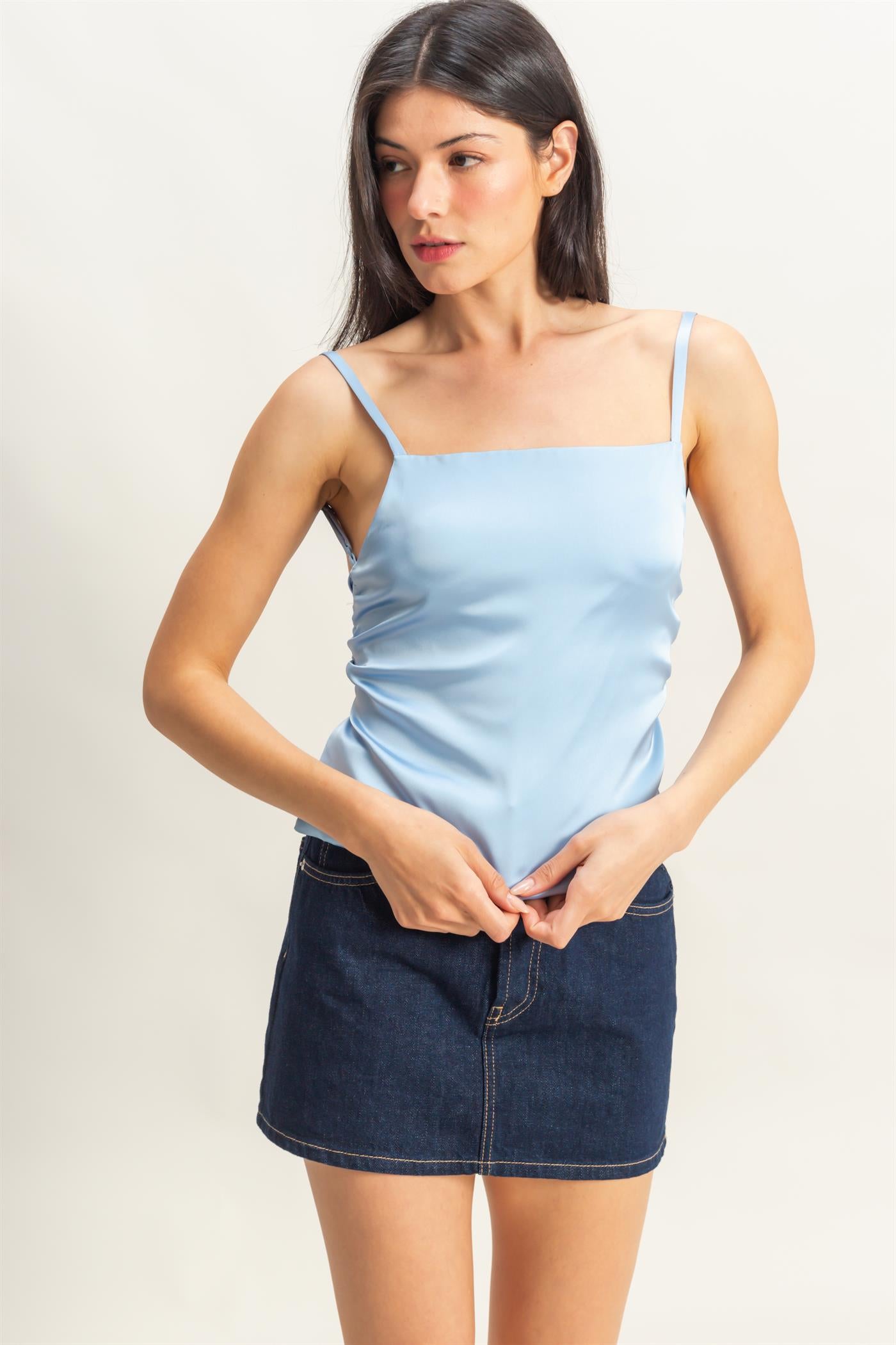 Wholesale Satin Back Tie Detail Sleeveless Top Clothing Tops DZ25C126 ICE BLUE DOUBLE ZERO