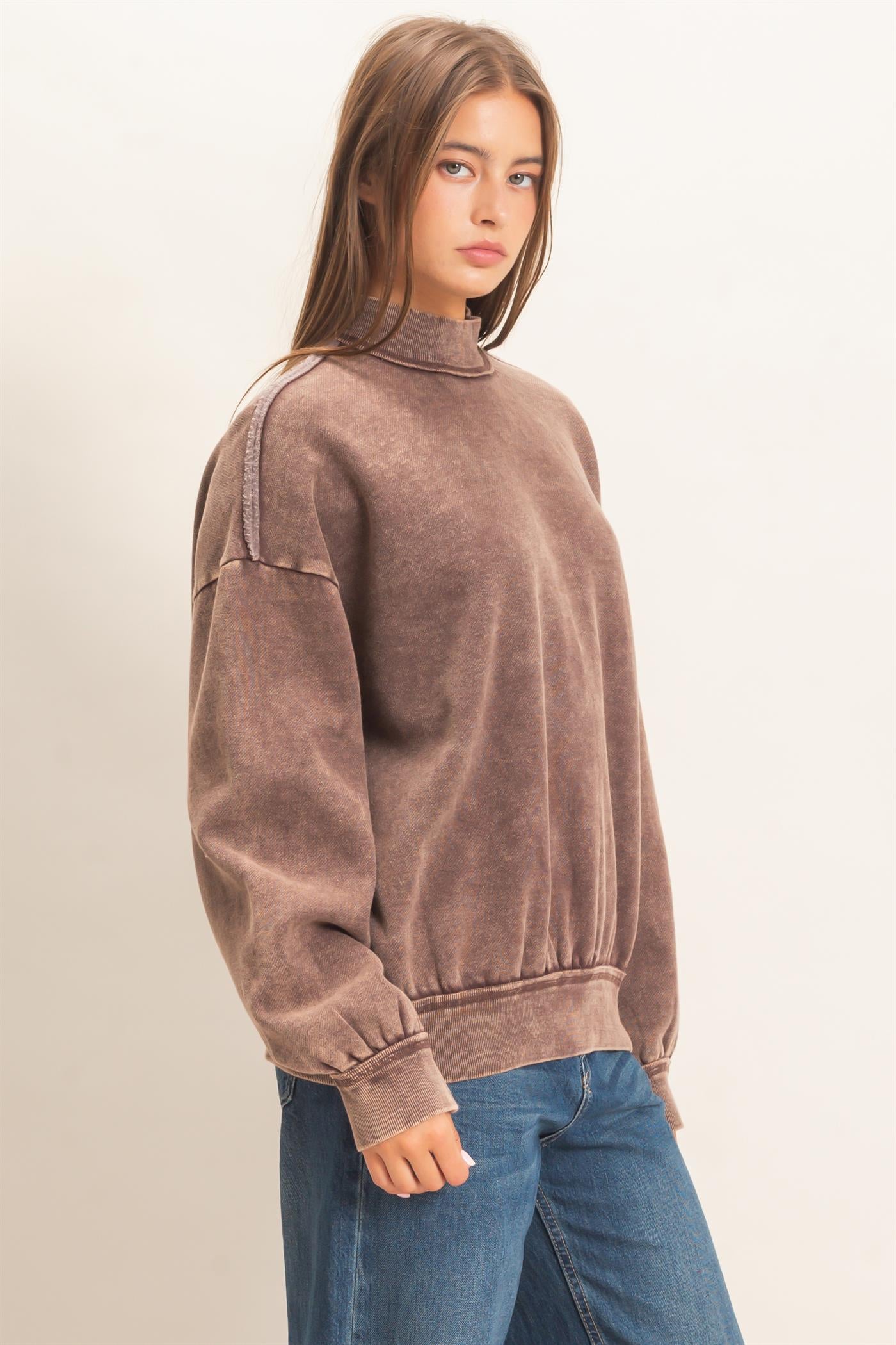 Wholesale Acid Washed Mock Neck Sweatshirt Sweatshirts DZ26E656 DARK BROWN DOUBLE ZERO