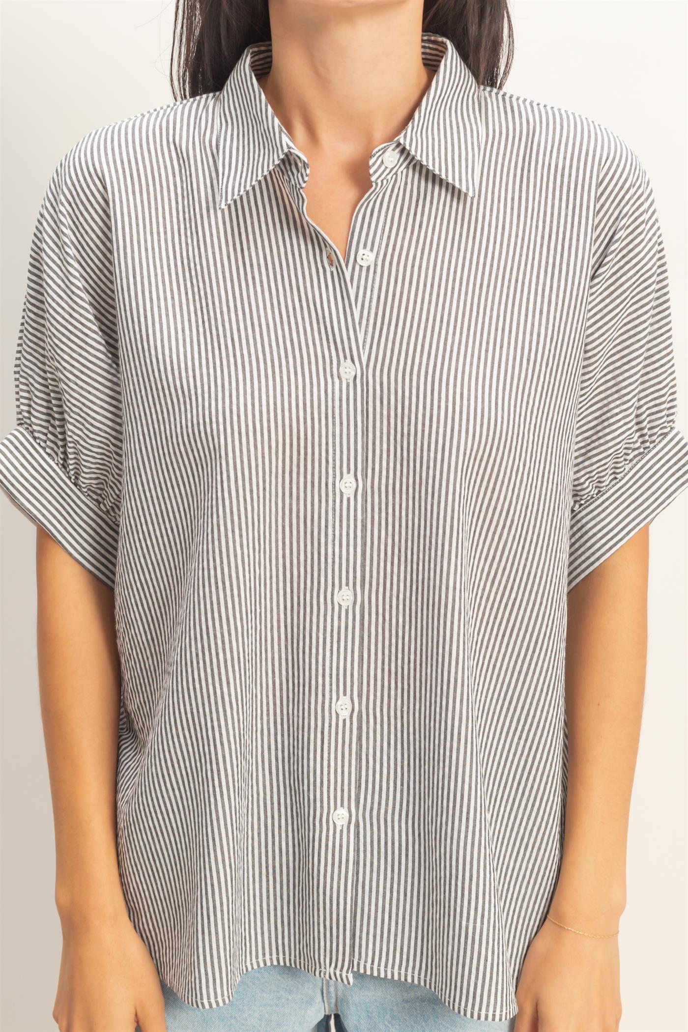 Wholesale Striped Short Sleeve Button-Front Blouse T-Shirts DZ26C276 BLACK DOUBLE ZERO